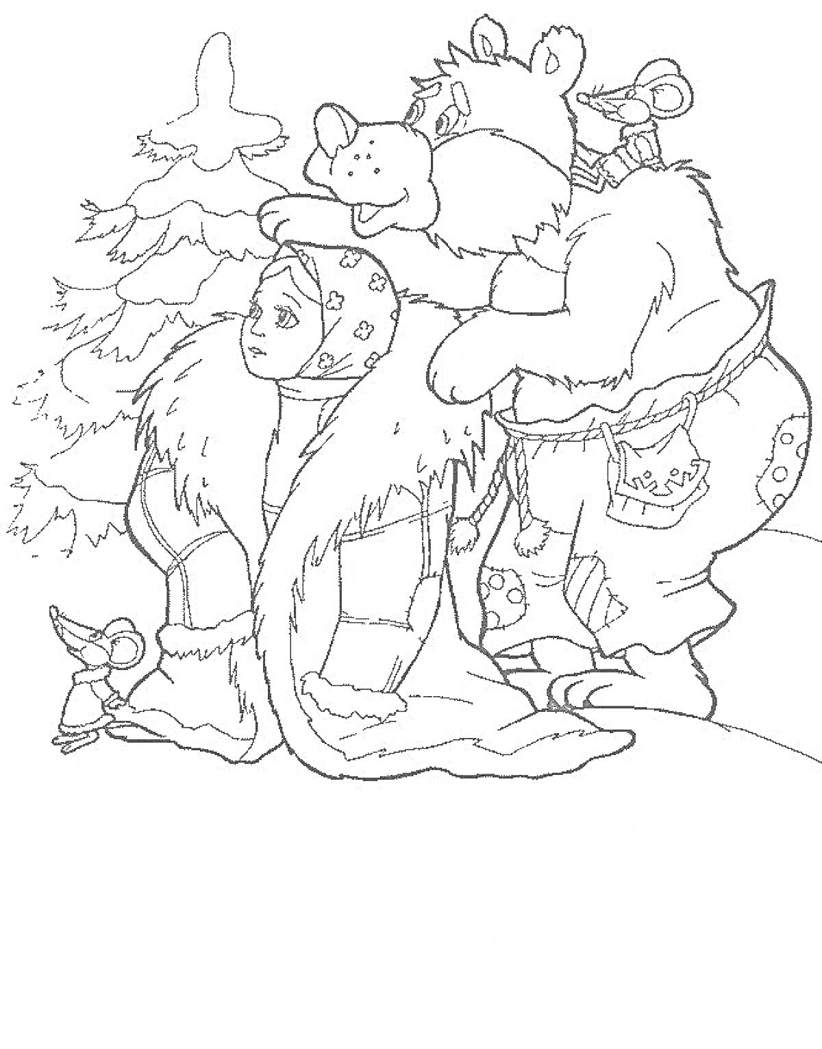 На раскраске изображено: Морозко, Медведь, Шуба, Зима, Снег, Лес