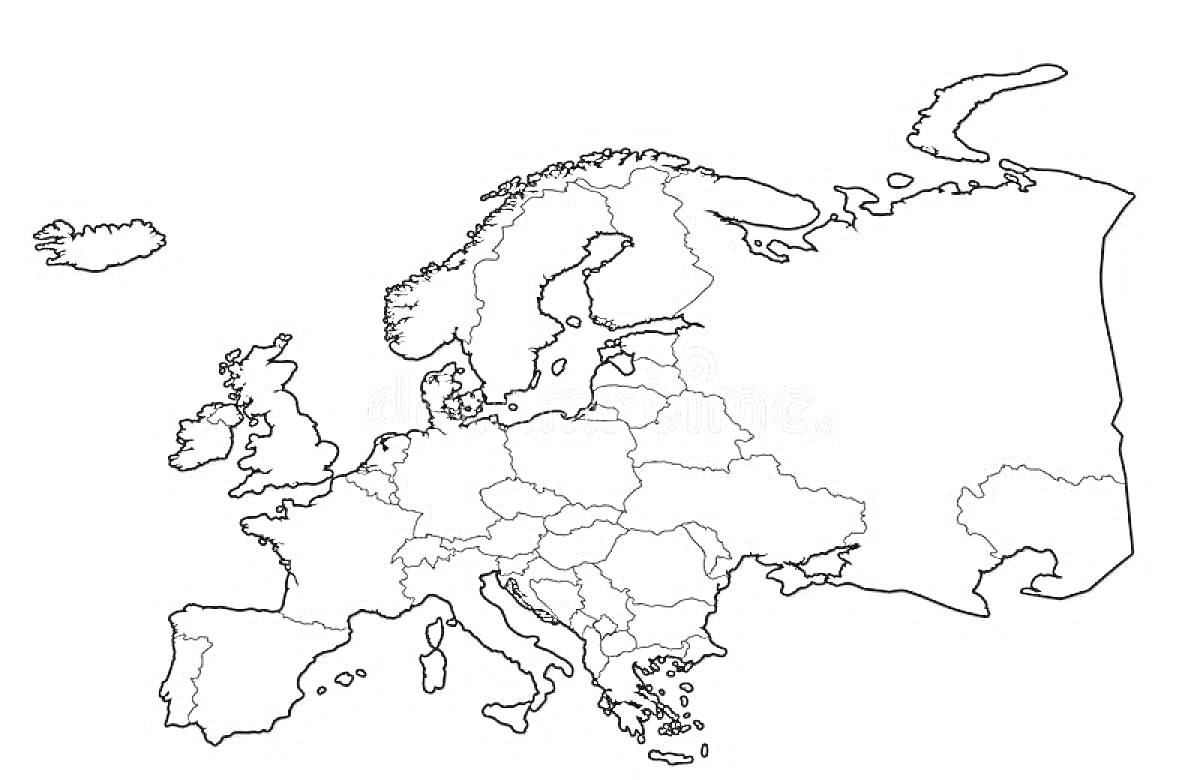 На раскраске изображено: Европа, Карта, Границы стран, Политическая карта, География