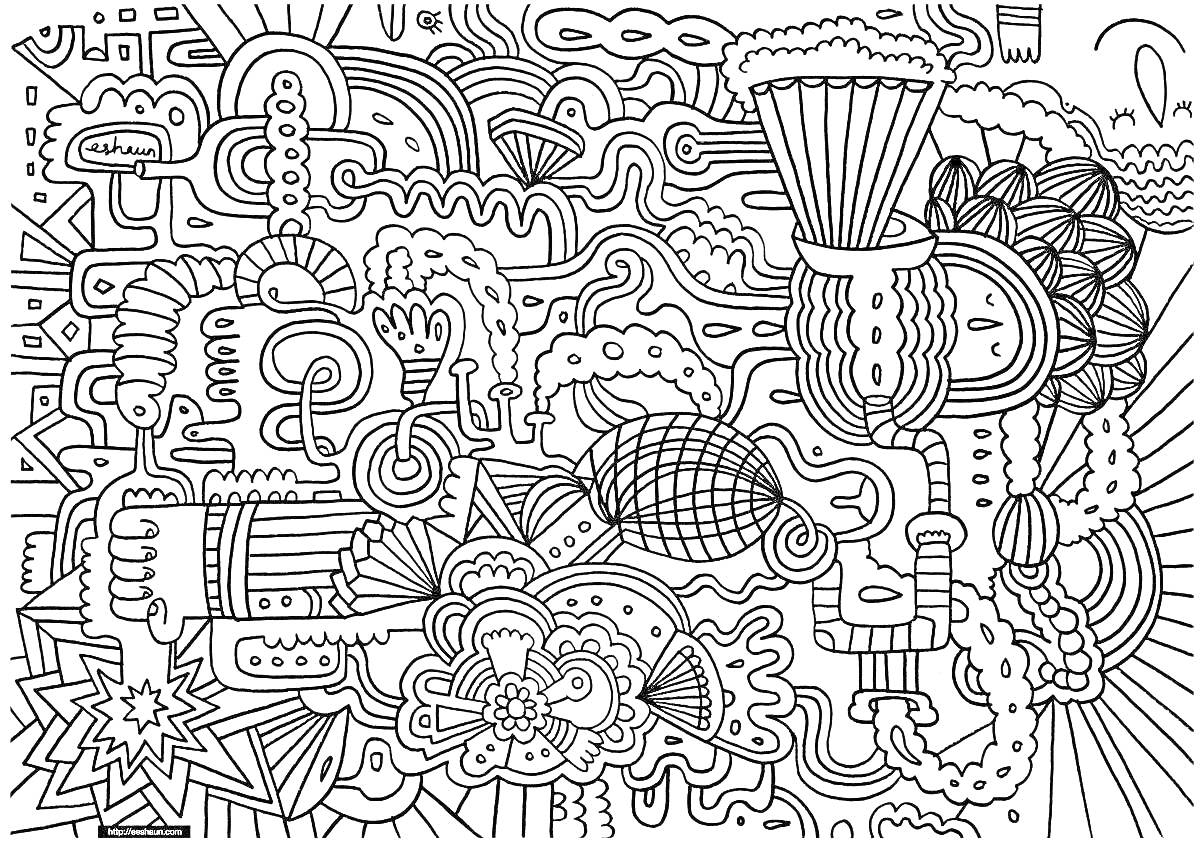Раскраска Абстрактный рисунок в стиле indie kid с разными формами и узорами, включая трубы, звезды, завитки, линии и текстурированные объекты.
