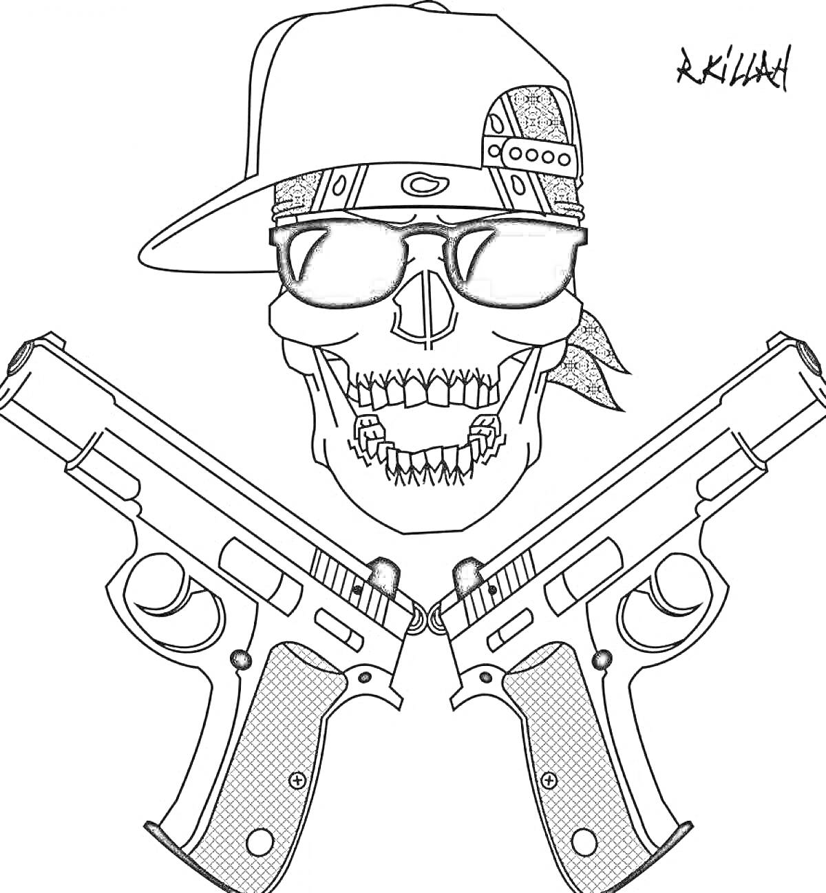 Раскраска Череп в кепке и очках с двумя пистолетами
