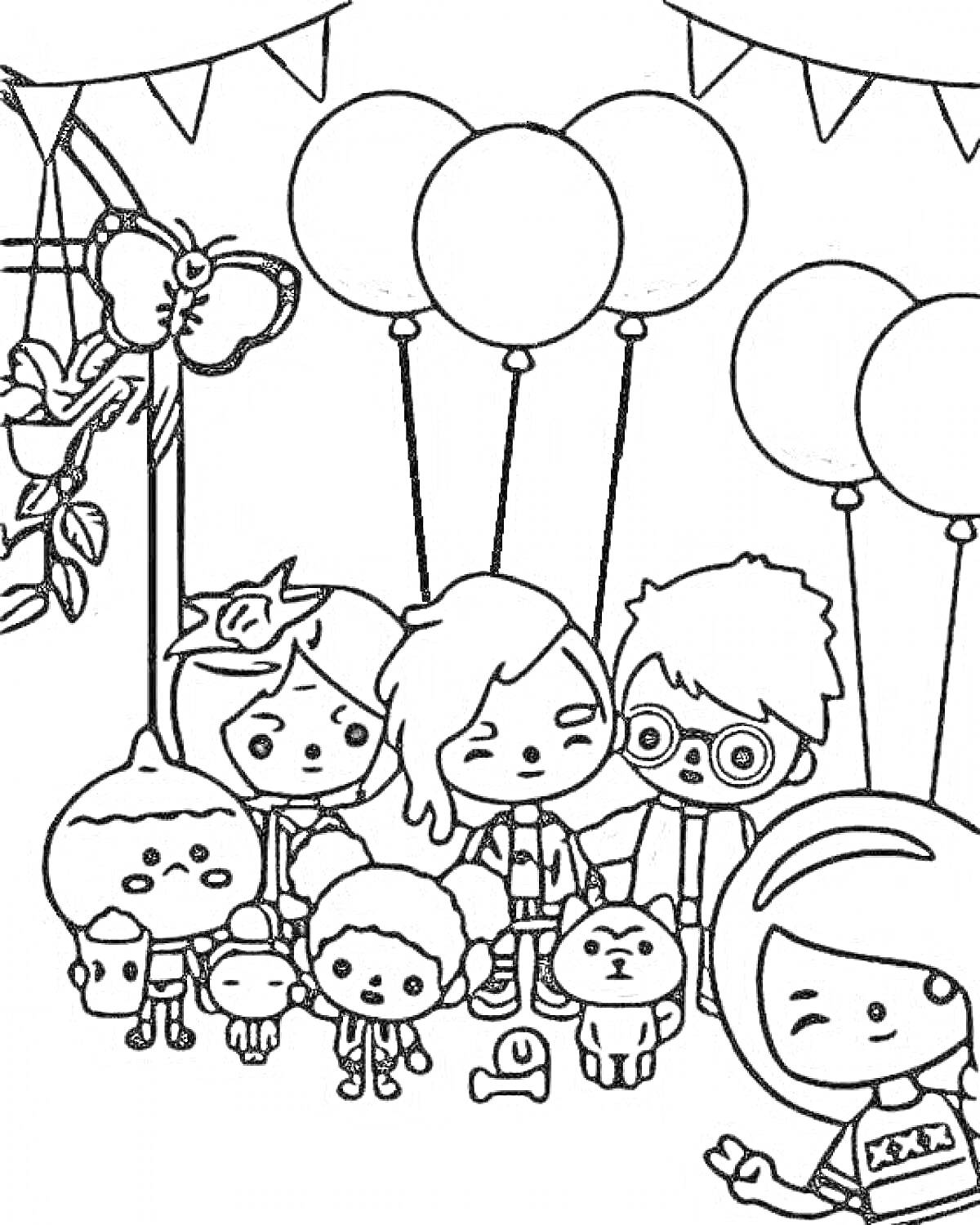 Раскраска персонажи крампет и другие из тока бока на празднике с воздушными шарами