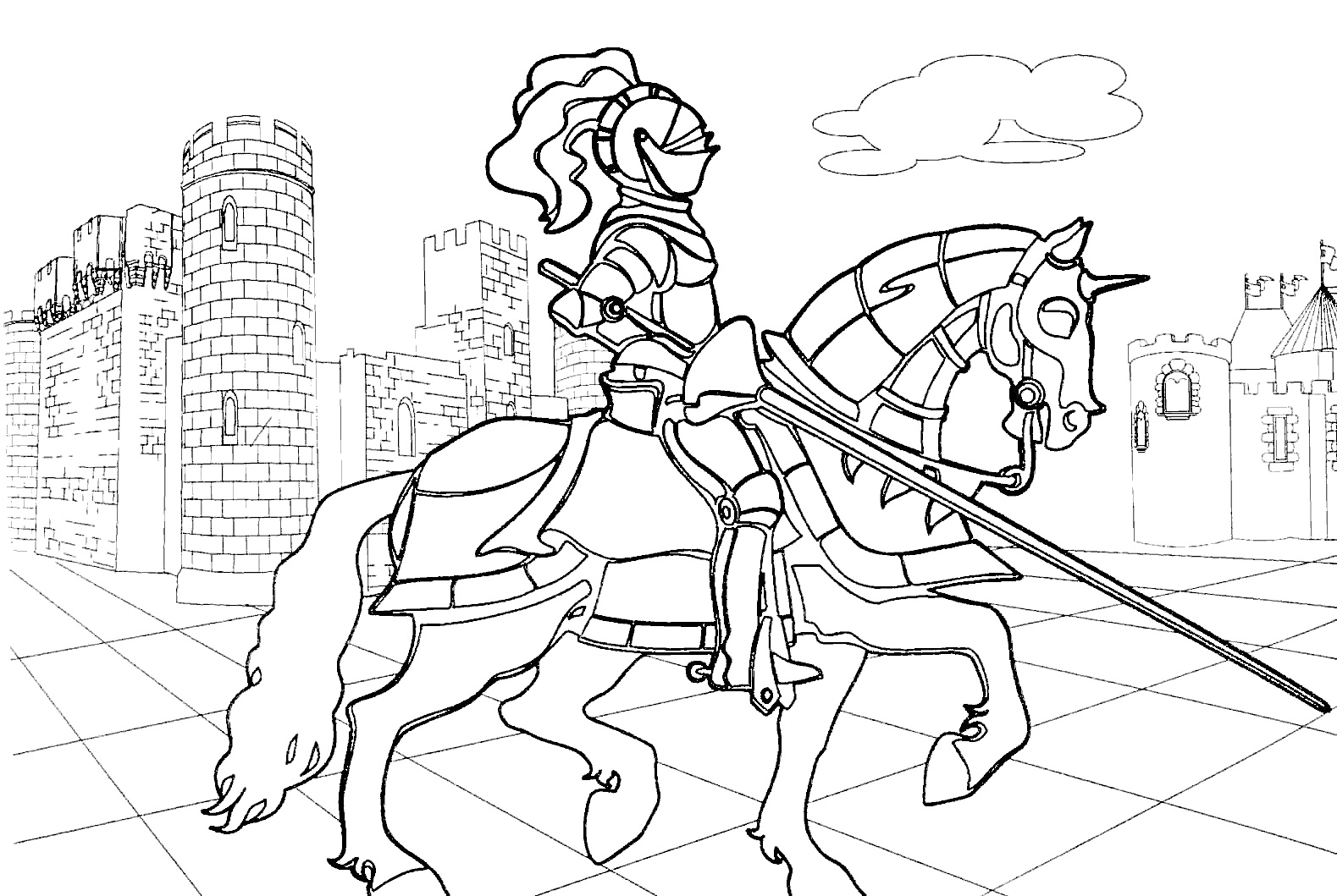 Раскраска Рыцарь на коне перед замком с копьем в руке