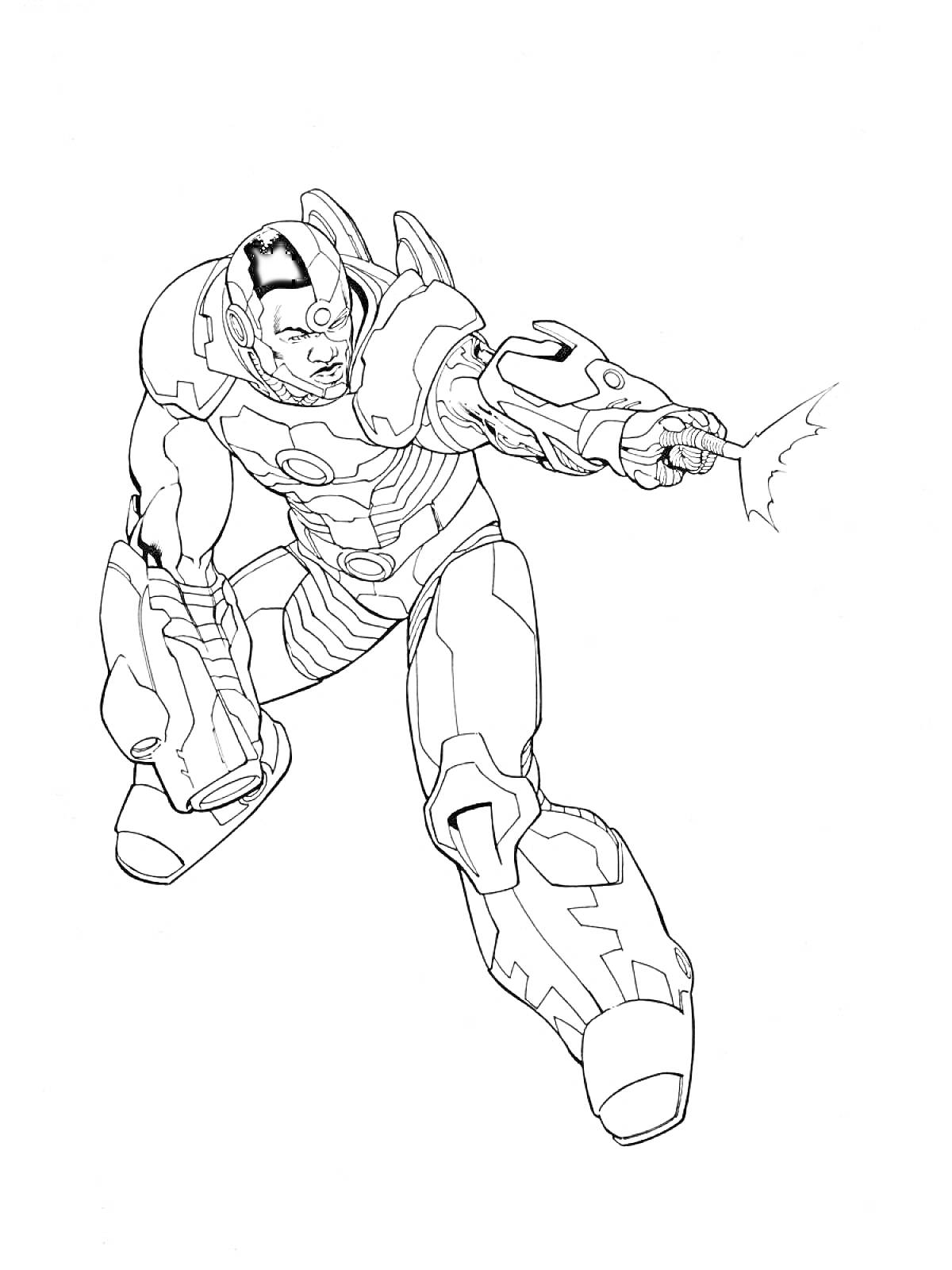 Раскраска Герой Лиги Справедливости в мощной броне с энергетическим зарядом из руки