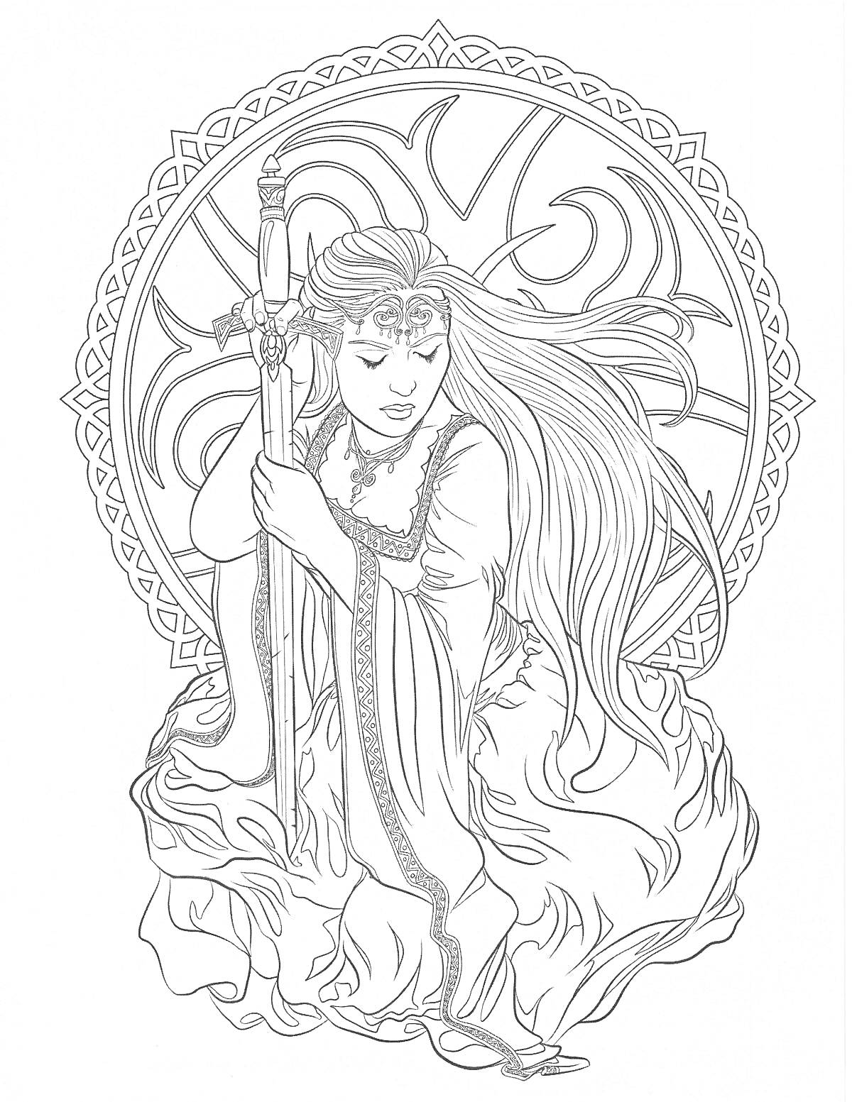 Раскраска Фэнтези девушка с длинными волосами, держащая меч, на фоне орнамента