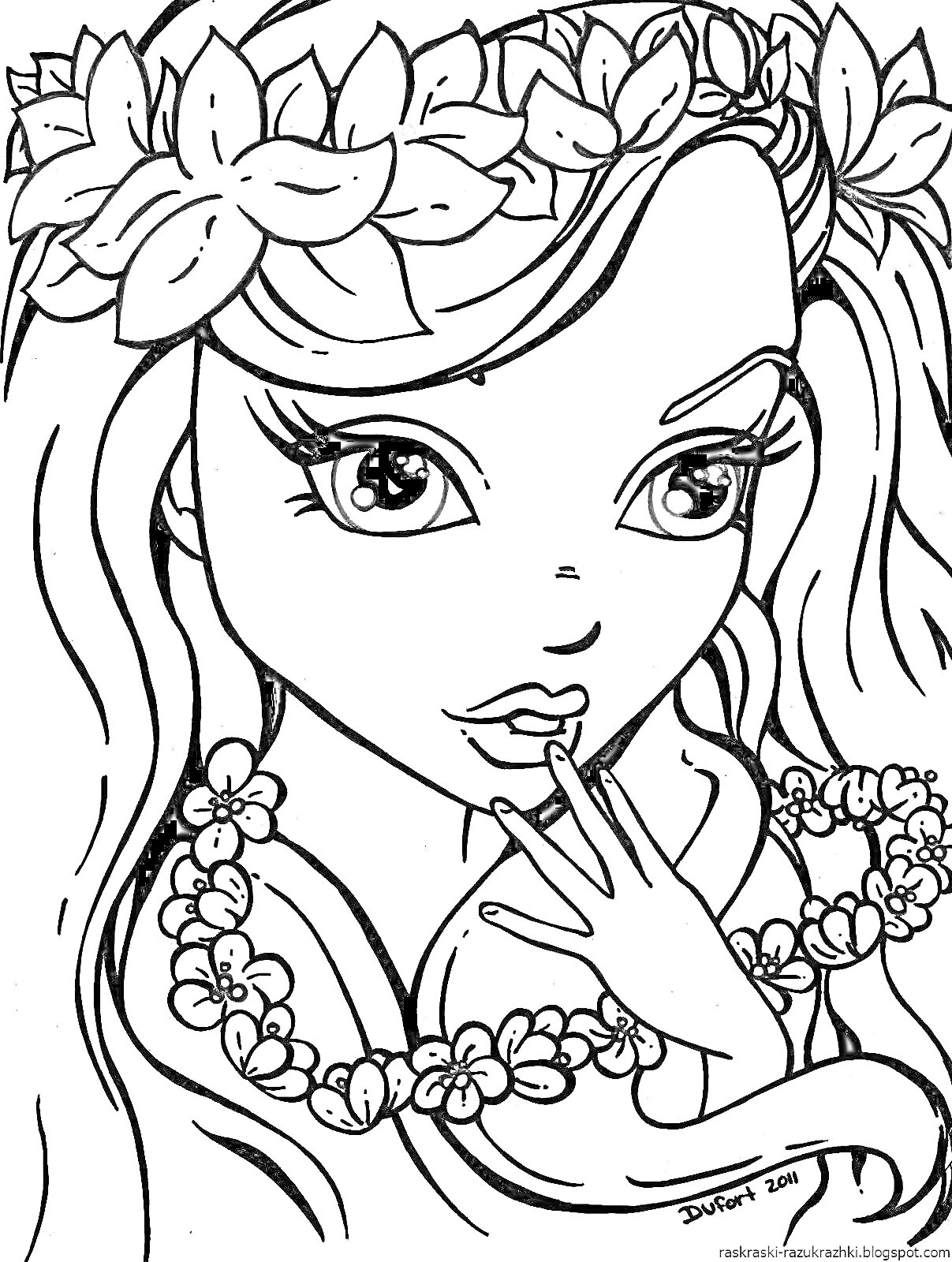 Раскраска Девушка с цветочным венком и ожерельем из цветов