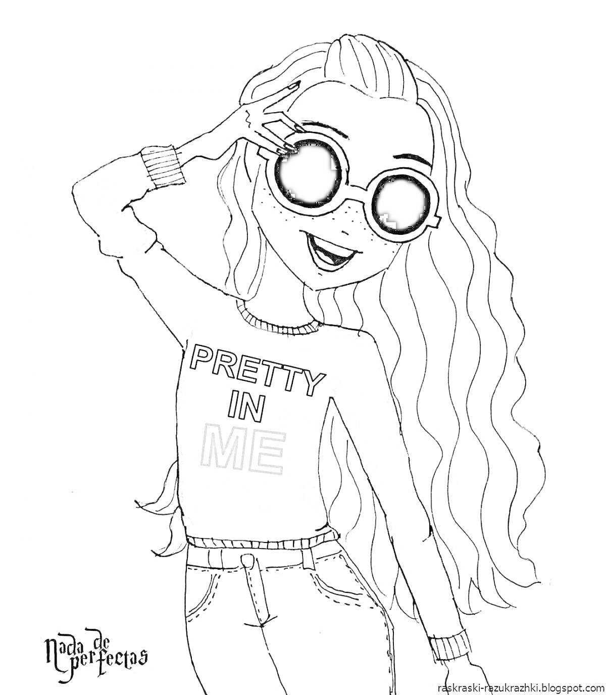 Раскраска Девушка в солнцезащитных очках и свитшоте с надписью 