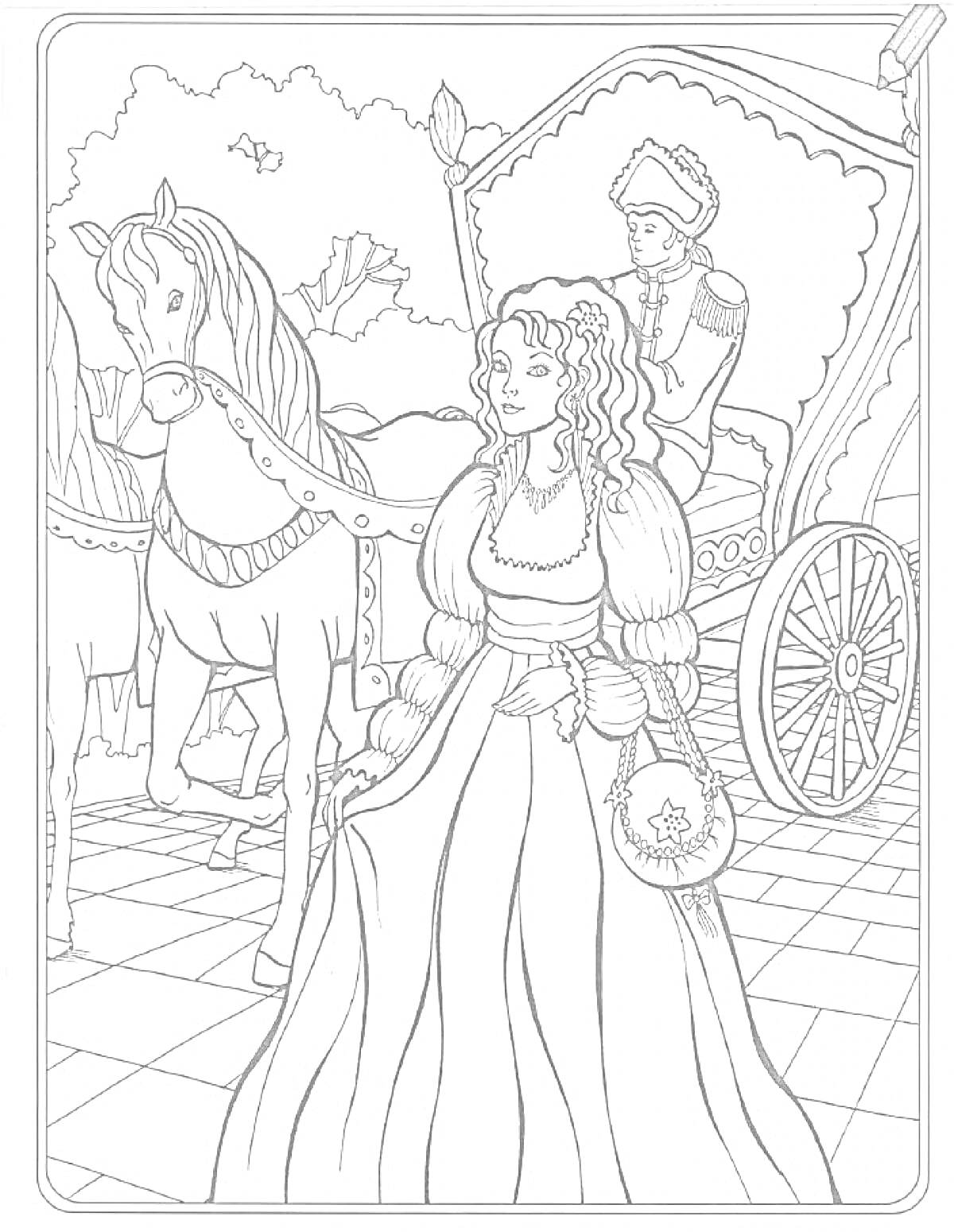 Раскраска Дама у кареты с лошадью и каретником на фоне деревьев
