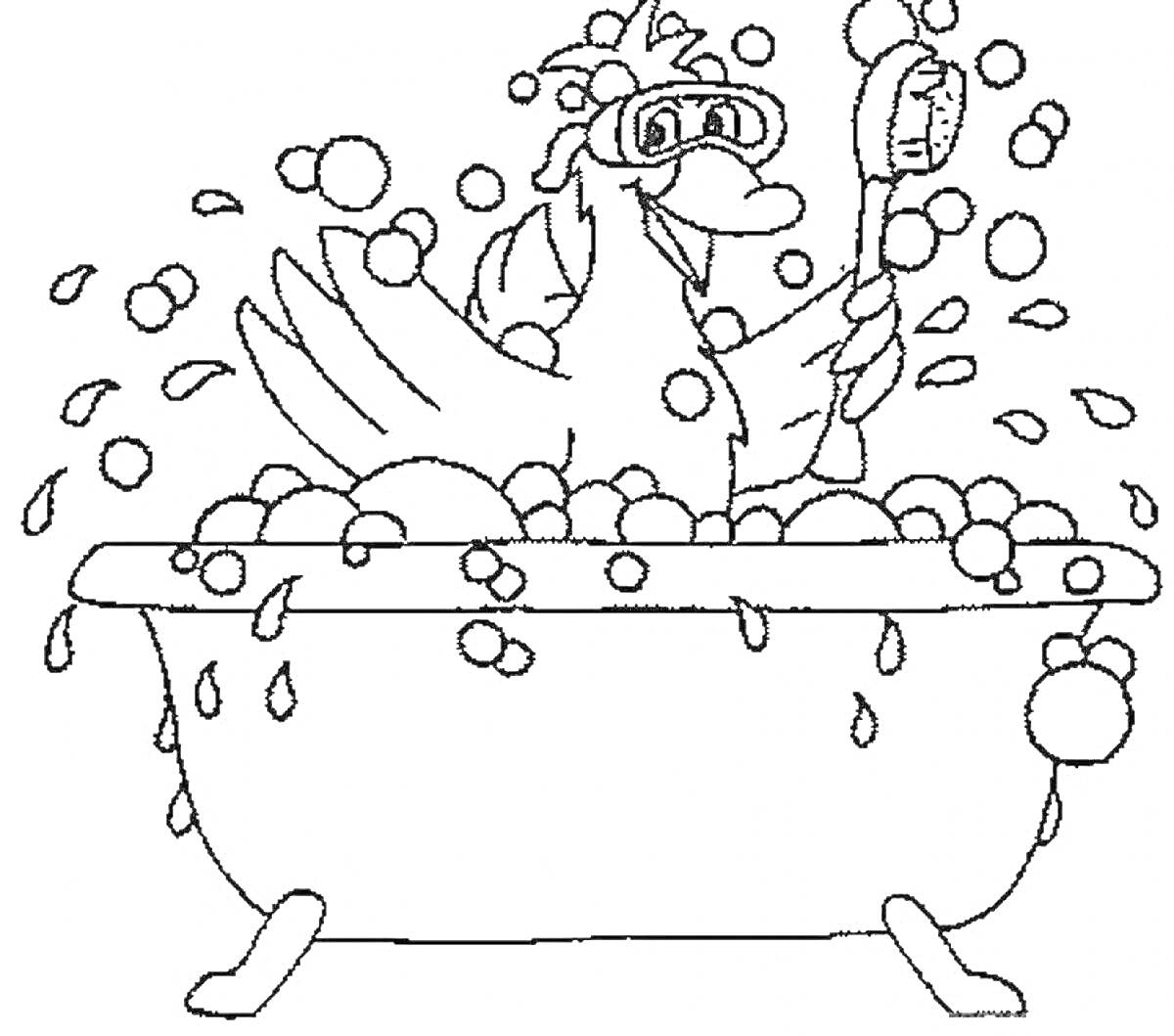 На раскраске изображено: Утка, Мыльные пузыри, Душ, Купание, Отдых, Гигиена