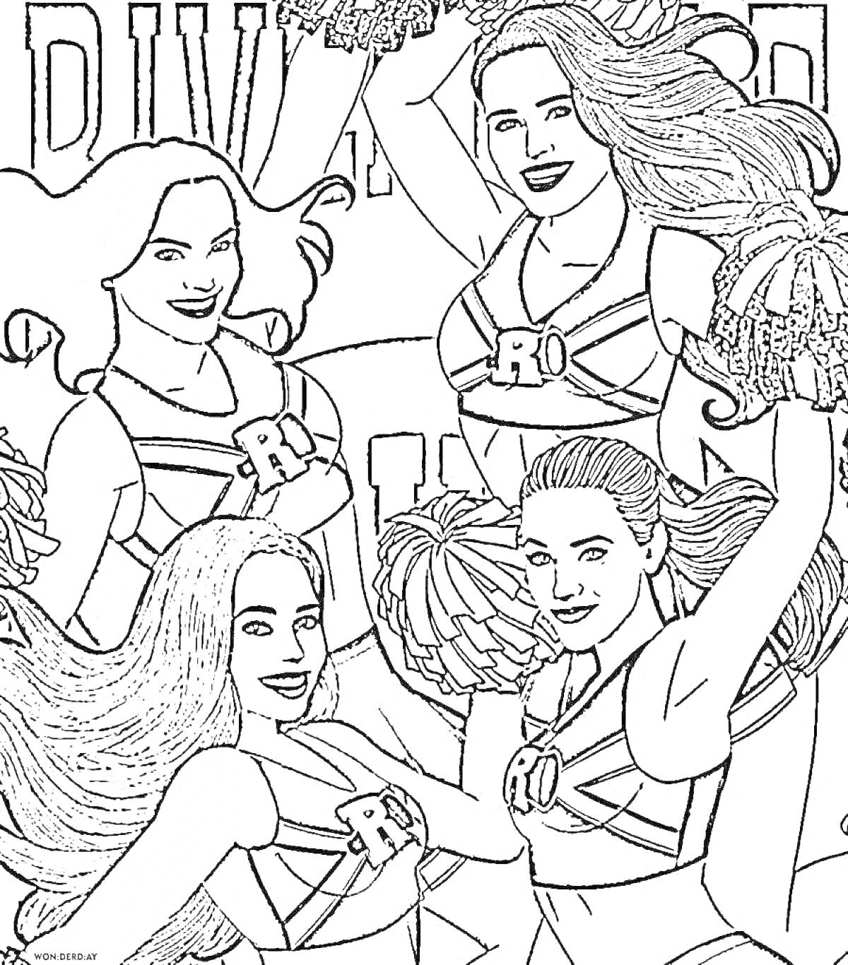Раскраска Четыре радостные девушки-чирлидерши с помпонами в руках, с надписью 