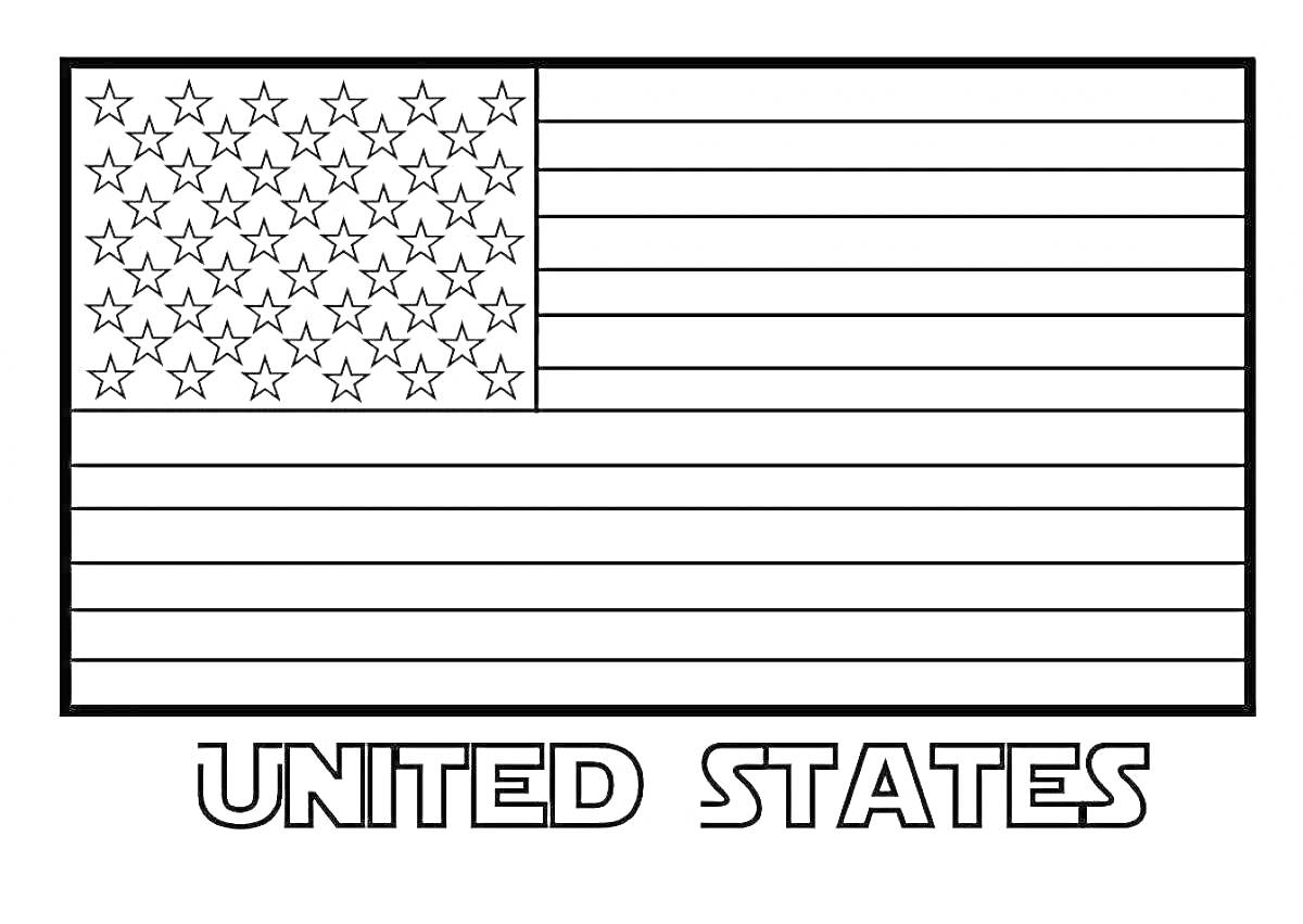 Раскраска Флаг США с пятьюдесятью звездами и тринадцатью полосами, с надписью United States внизу