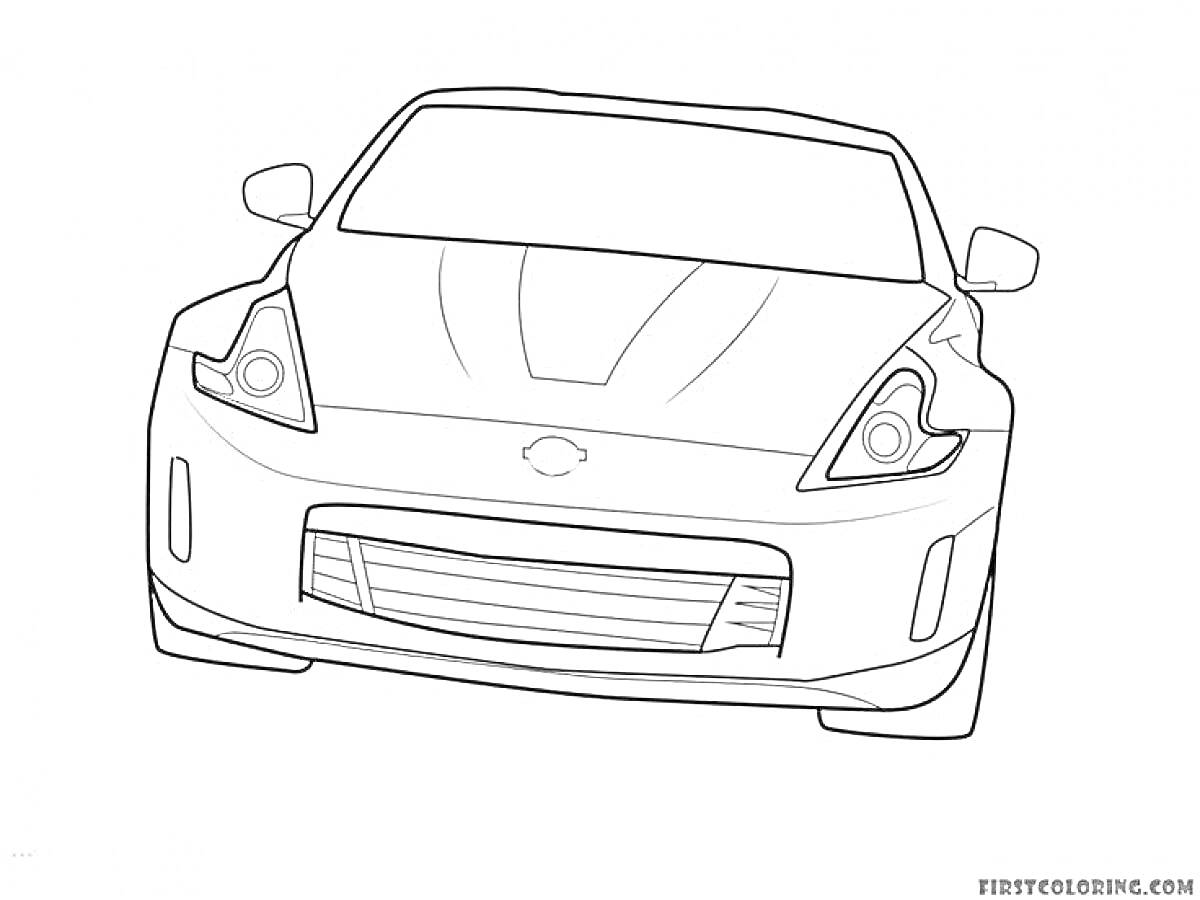Раскраска Раскраска автомобиля Nissan GTR с передним обзором, включая фары, капот, передний бампер и зеркала.