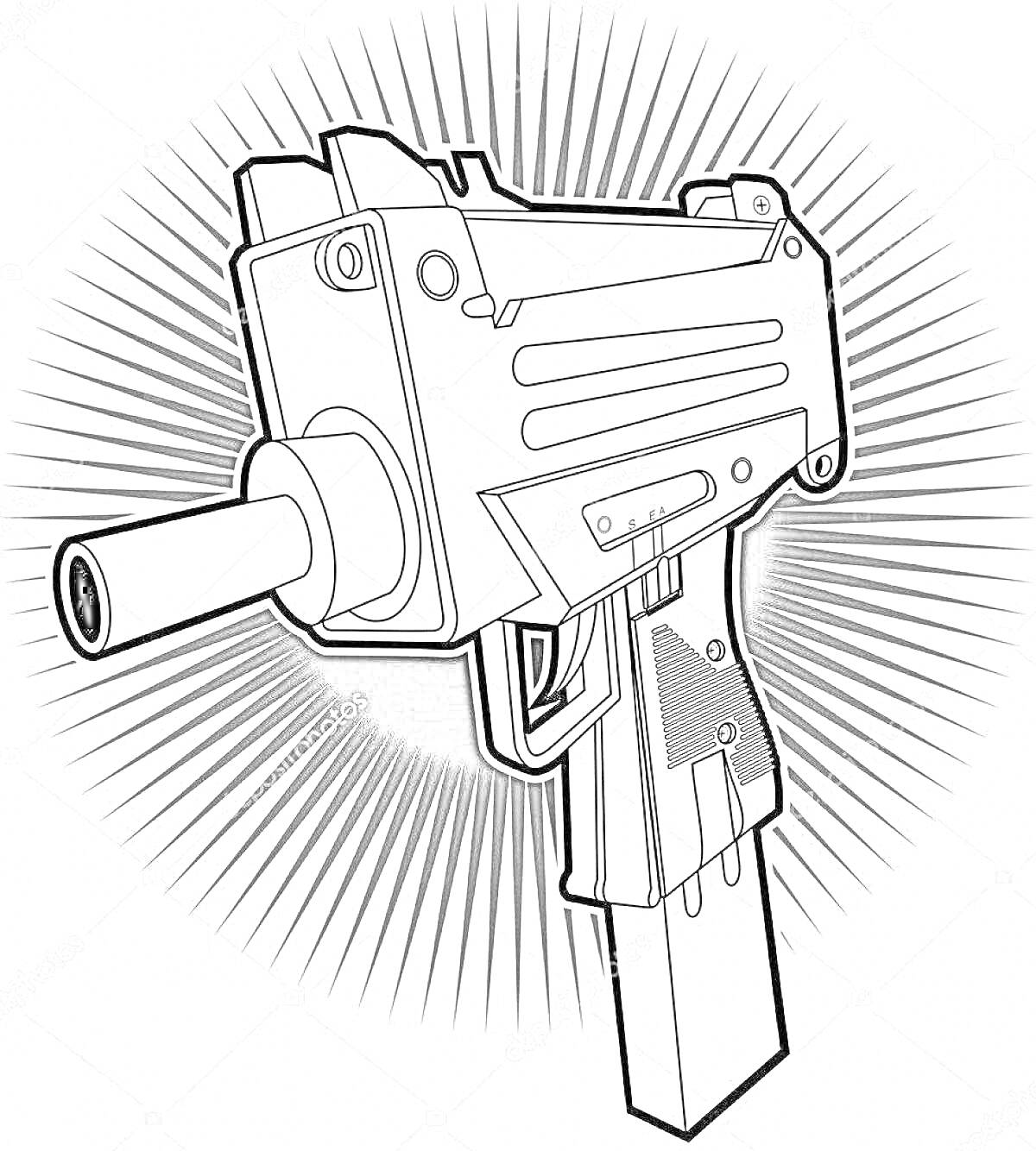 На раскраске изображено: Пистолет-пулемет, Узи, Оружие, Радиальные линии, Фон