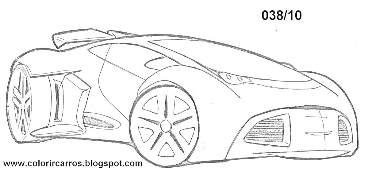 Раскраска Спортивный автомобиль с дизайном кузова, боковыми воздухозаборниками, круглыми дисками и современными фарами