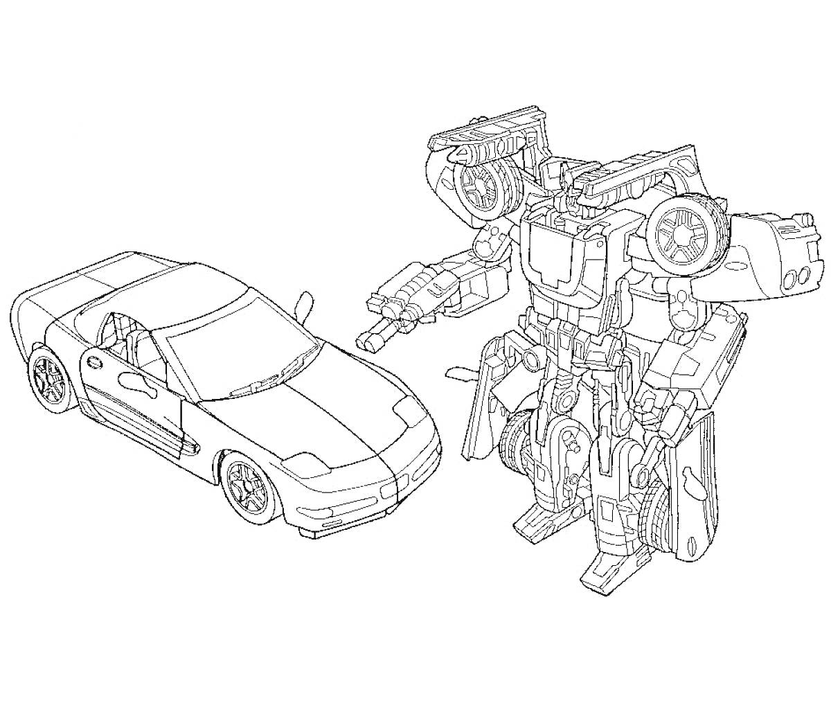 Раскраска Автомобиль и карбот в форме робота, стоящие рядом
