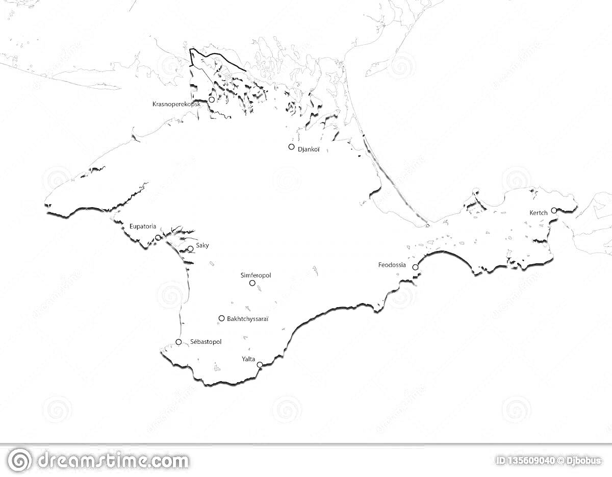 Раскраска Карта полуострова Крым с городами (Симферополь, Севастополь, Керчь, Феодосия, Ялта, Евпатория, Алушта, Судак, Бахчисарай)