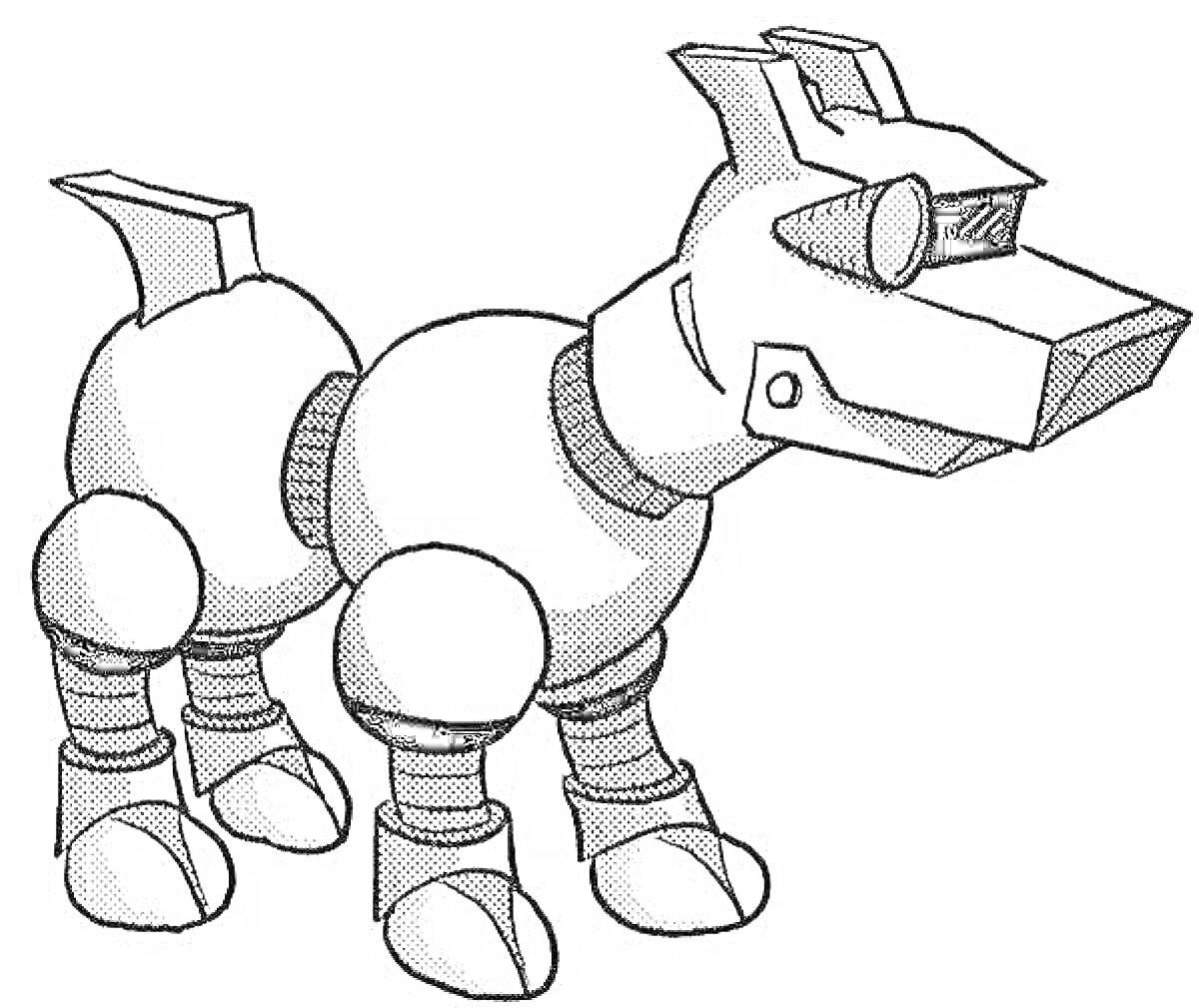 Раскраска Собака-робот с механическими конечностями и телом, включающая цилиндрические сочленения, треугольные уши и прямоугольную голову