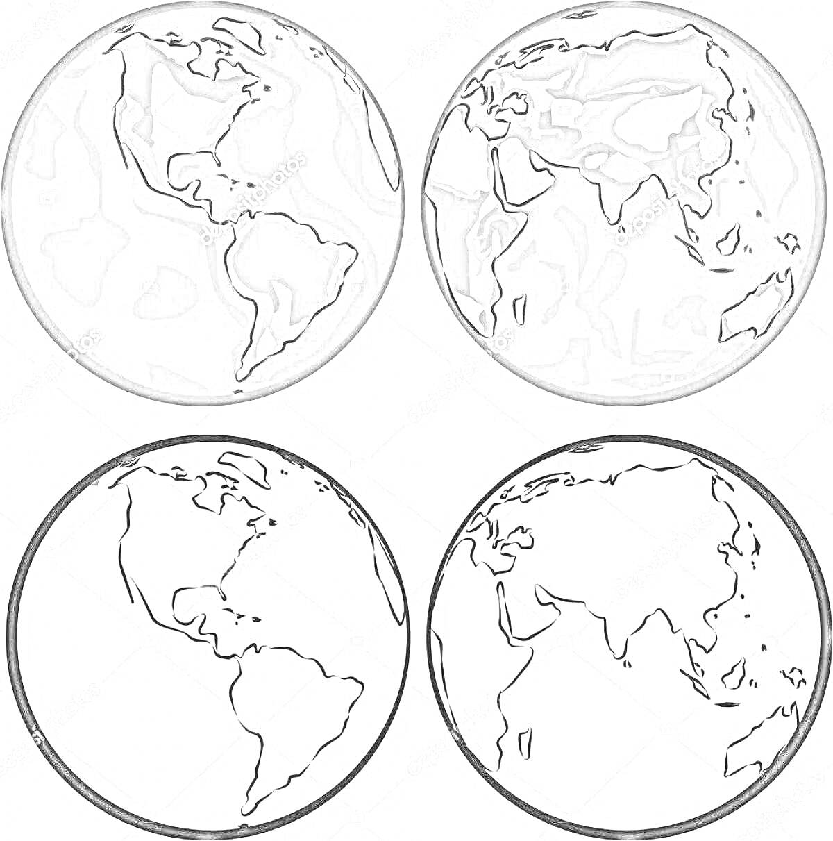 Раскраска Карта мира: континенты Земли на двух изображениях