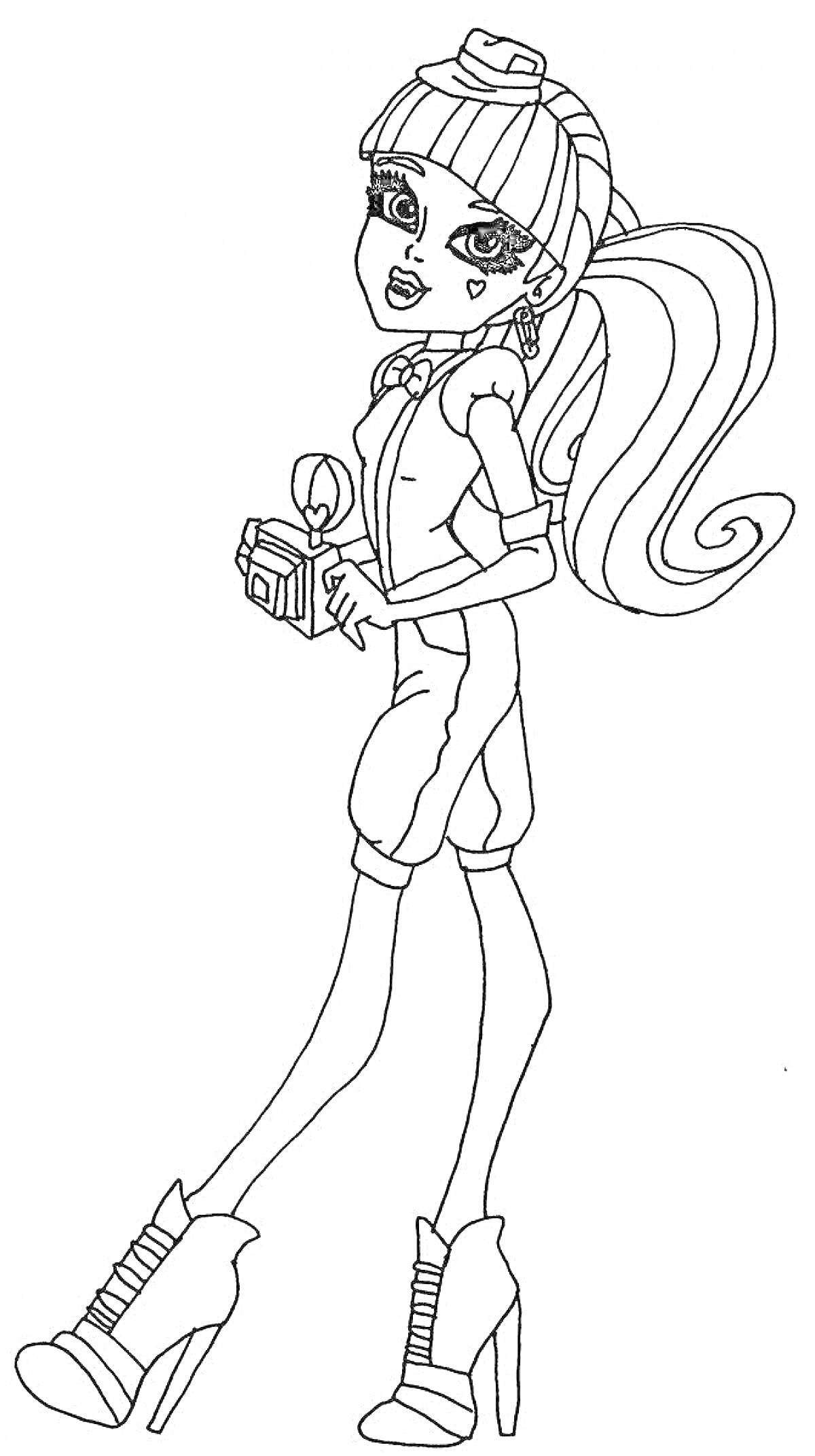 На раскраске изображено: Девочка, Длинные волосы, Ботинки на каблуке, Бокси бу, Монстр