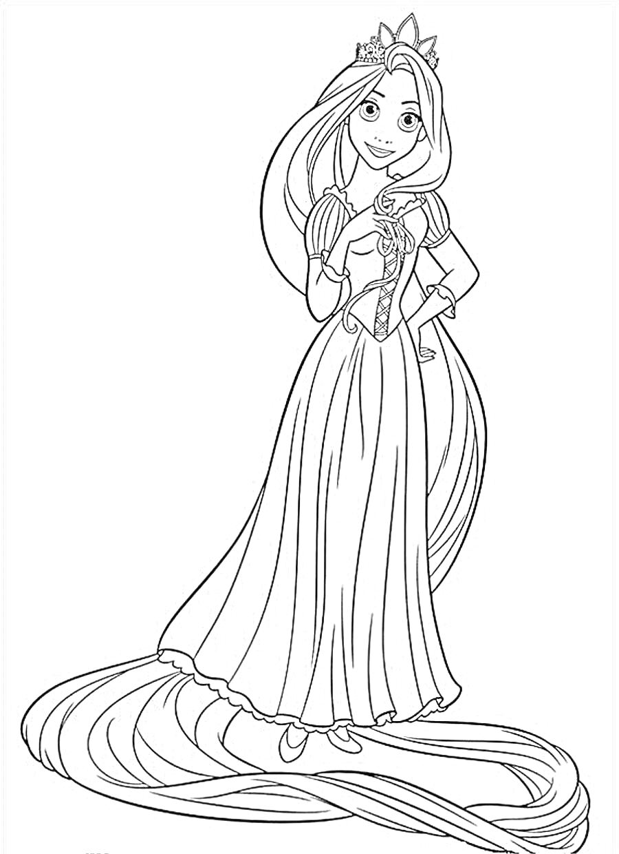 Раскраска Рапунцель с длинными волосами, в короне и платье, стоит на полу