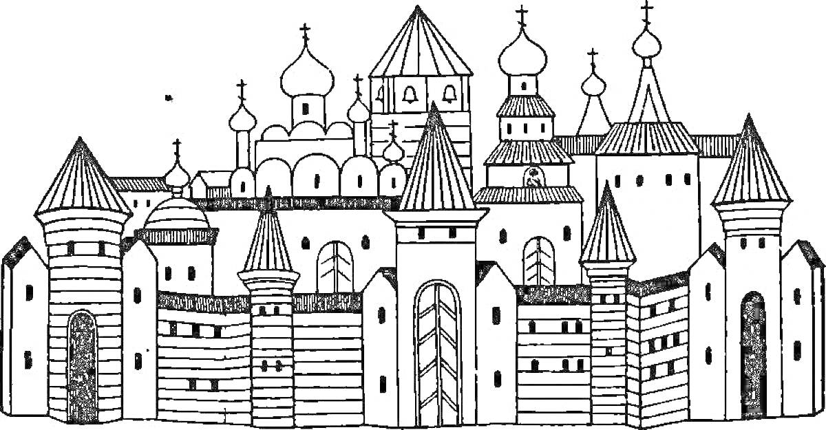 На раскраске изображено: Московский Кремль, Архитектура, Башни, Купола, Россия, Крепость