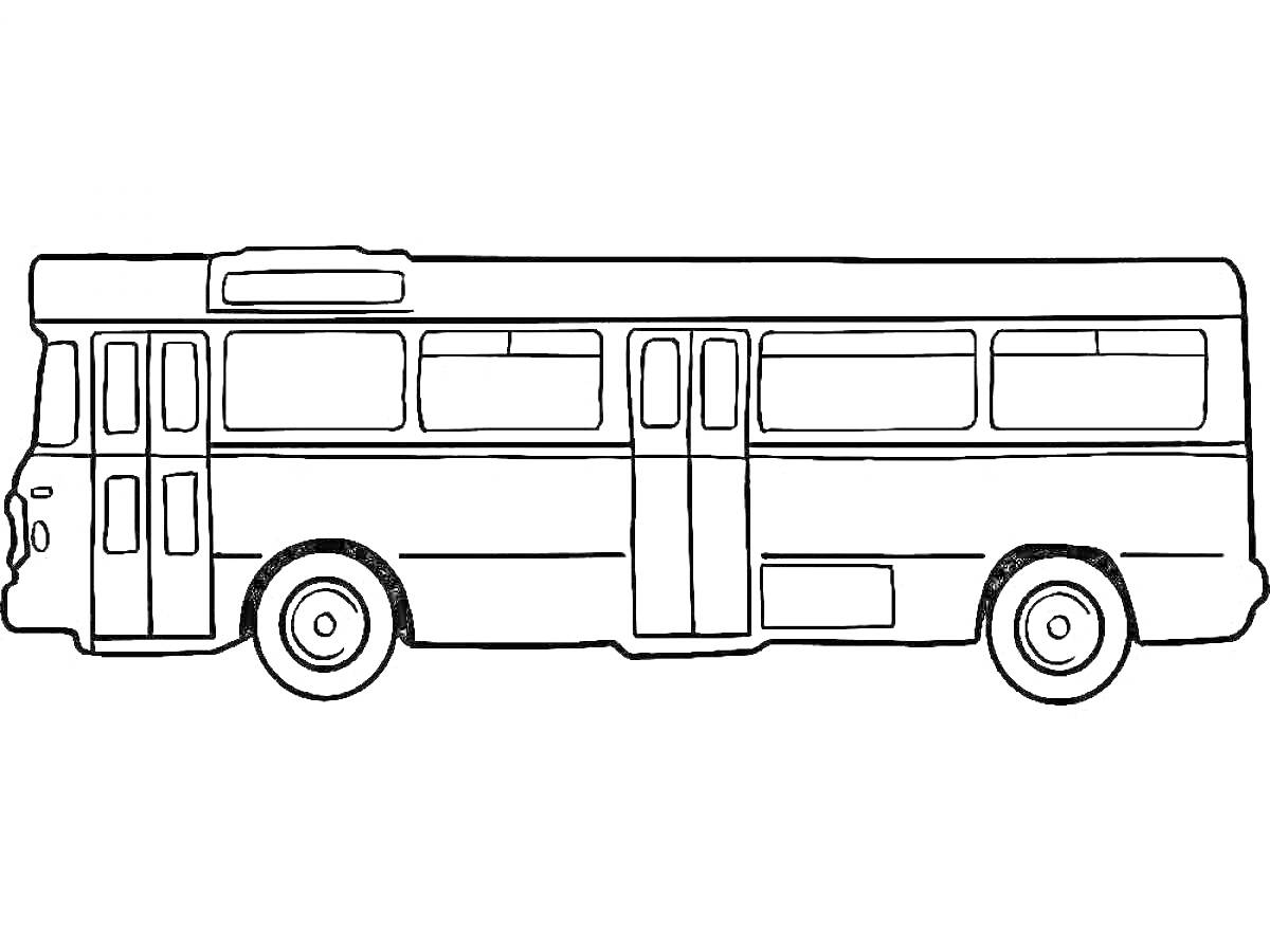 На раскраске изображено: Автобус, Транспорт, Окна, Колеса, Общественный транспорт, Для детей, Дверь