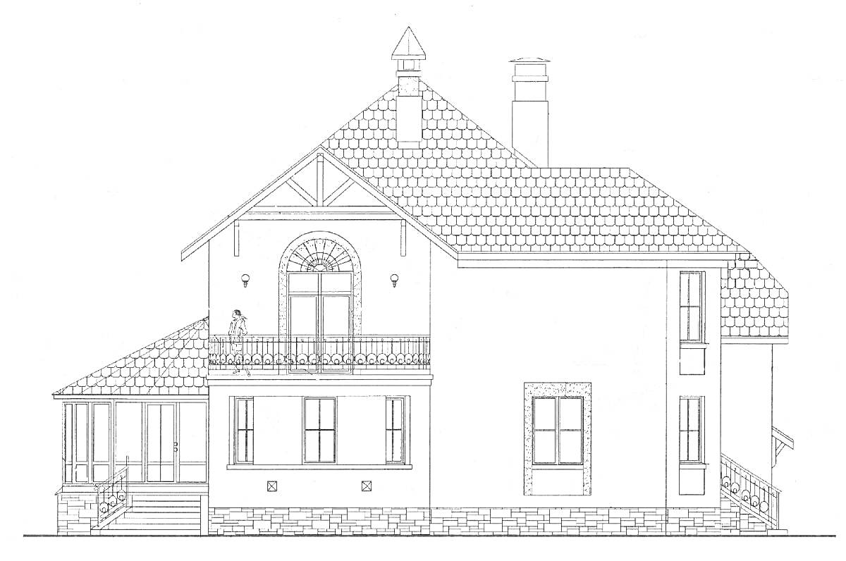 Фасад дома со стенами, окнами, дверью, балконом, балконной дверью, крышей, трубами и цоколем с каменной облицовкой