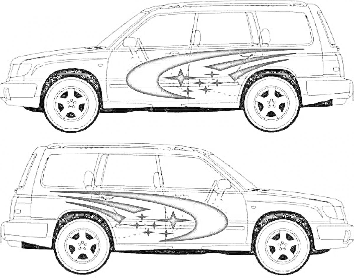 Раскраска Subaru Forester с графическим рисунком по бокам