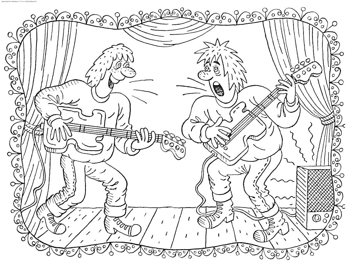Раскраска Два музыканта играют на гитарах на сцене с занавесками и колонкой