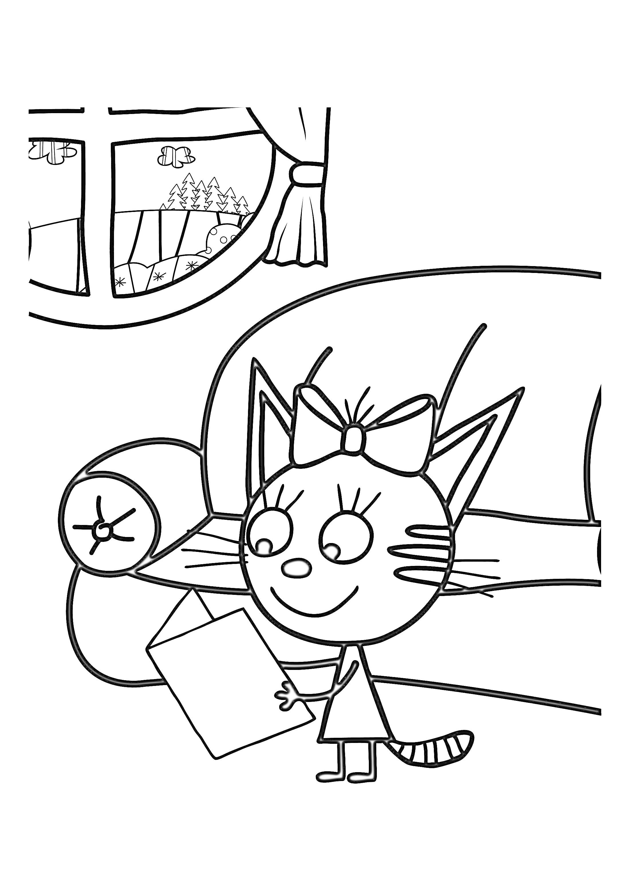 Раскраска Котёнок с бантом на диване, в руках лист бумаги, окно с видом на природу