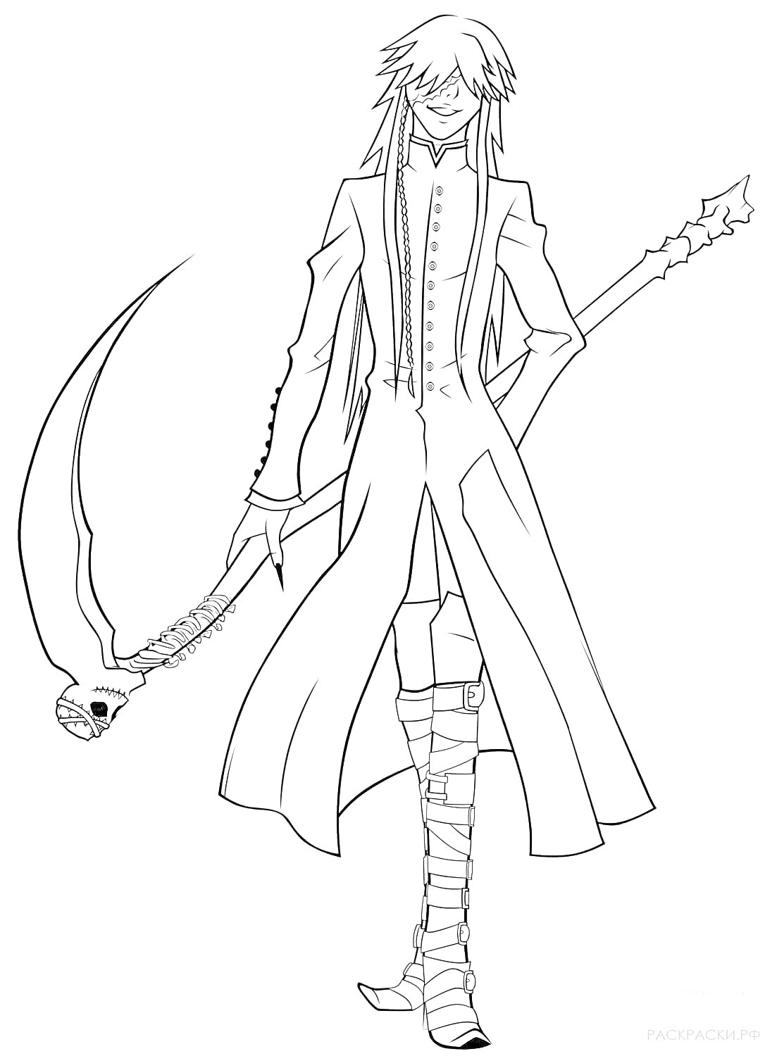 Раскраска Аниме персонаж с длинными волосами и косой, в длинном пальто и сапогах