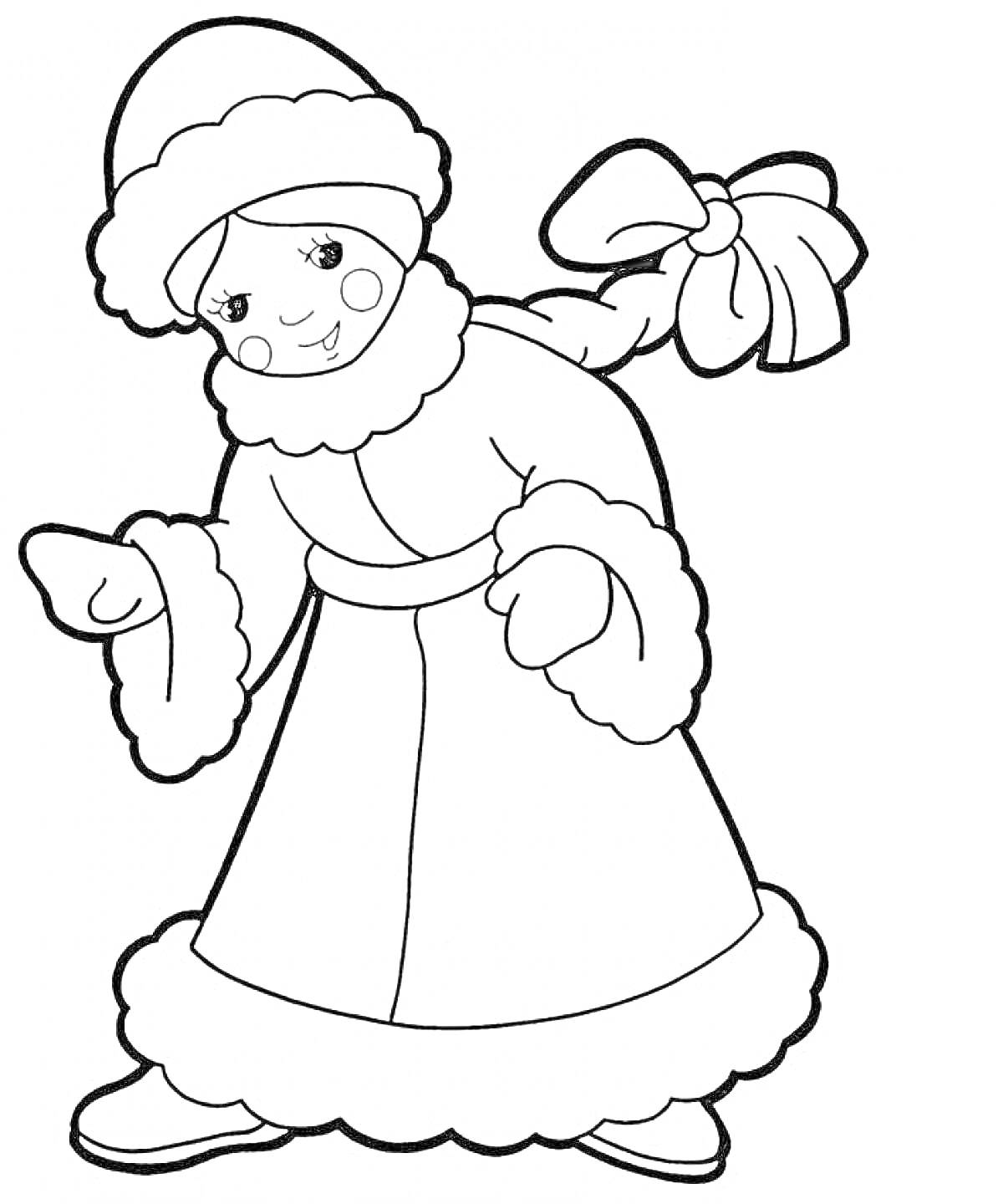 Раскраска Снегурочка в меховой шапке и длинной шубе с косой с бантом
