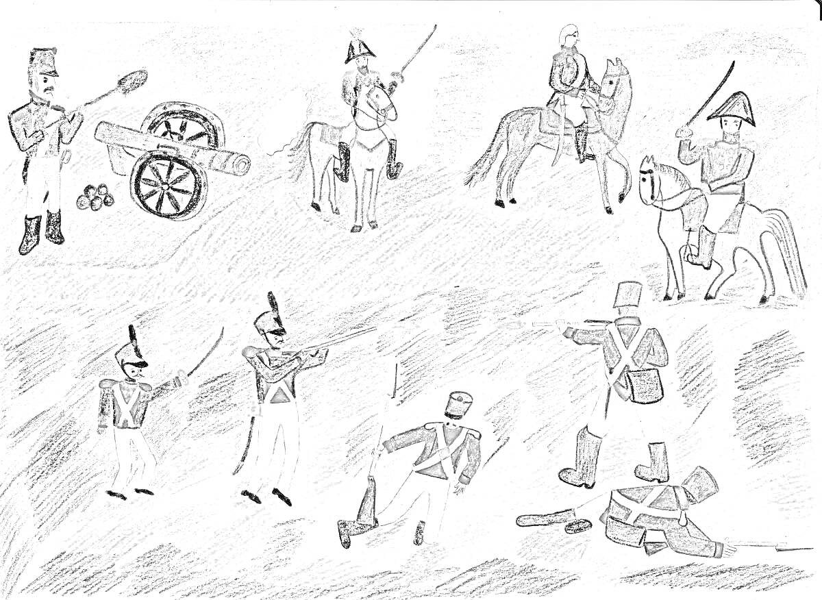 На раскраске изображено: Битва, Война, Пушка, Историческая битва, Сражение, Лошадь, Солдат