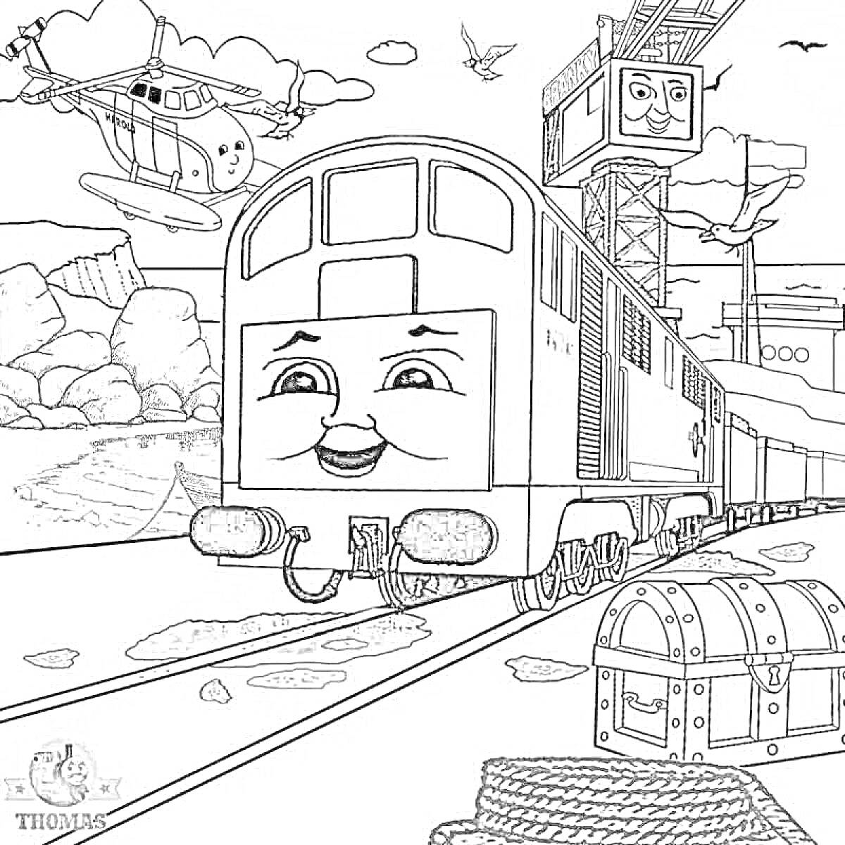 Раскраска Поезд с лицом на железной дороге, вертолет, сундук с сокровищами, канаты, кран с лицом, горы и птицы на заднем плане