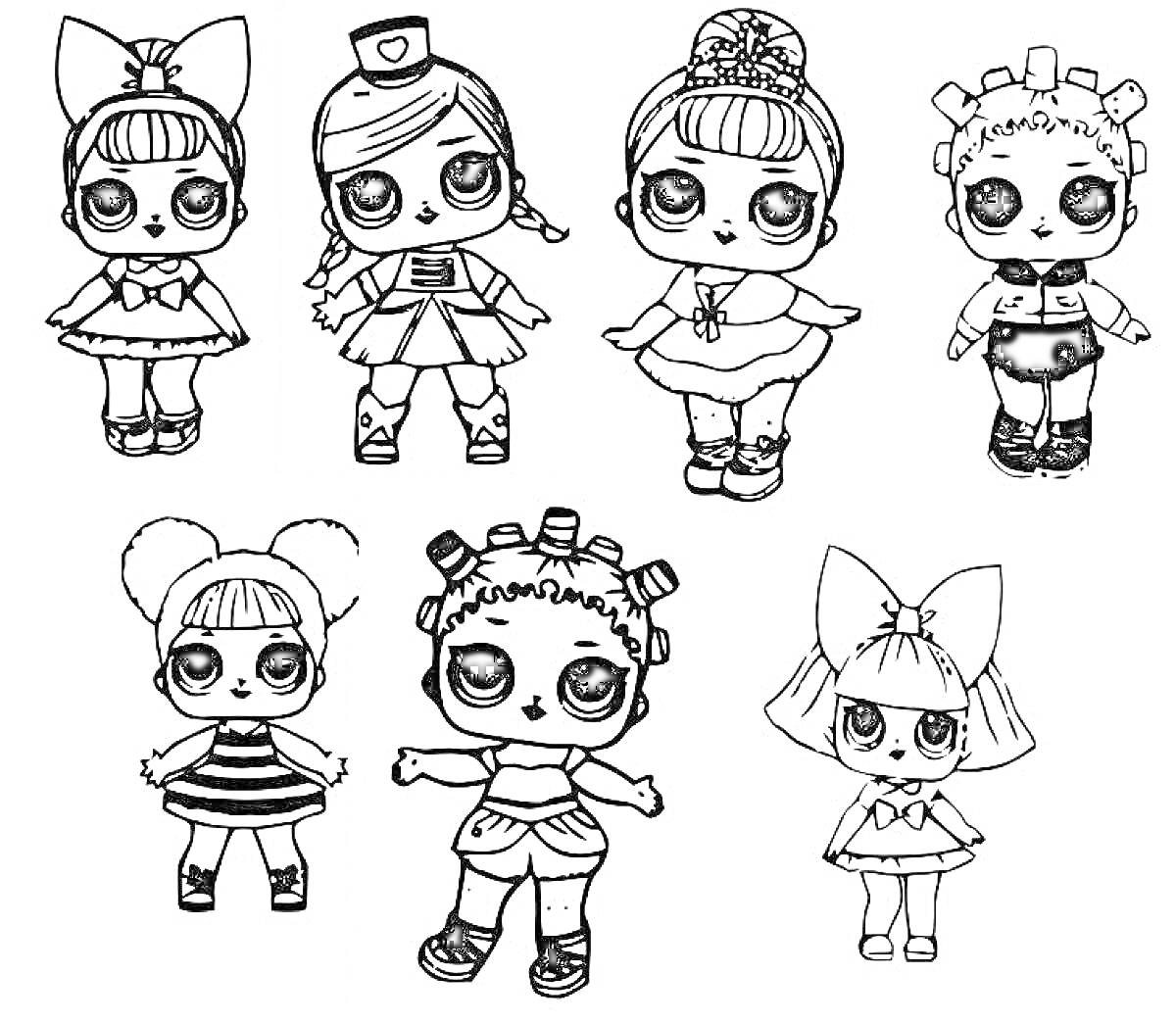 Раскраска Семь кукол LOL в различных нарядах с большими глазами