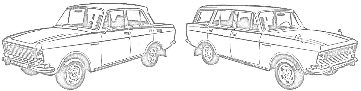 Раскраска Два автомобиля Москвич, вид сбоку и трехчетвертной вид.