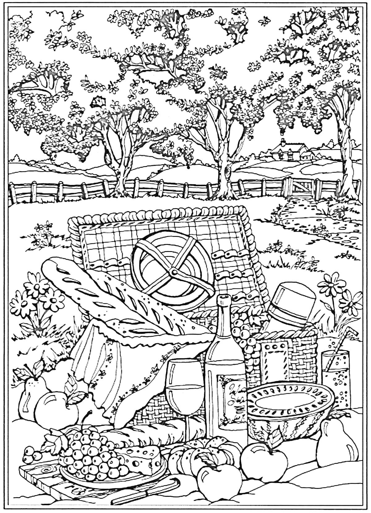Раскраска Пикник на природе с корзиной, бутылкой вина, двумя бокалами, фруктами, сыром, багетом и деревьями