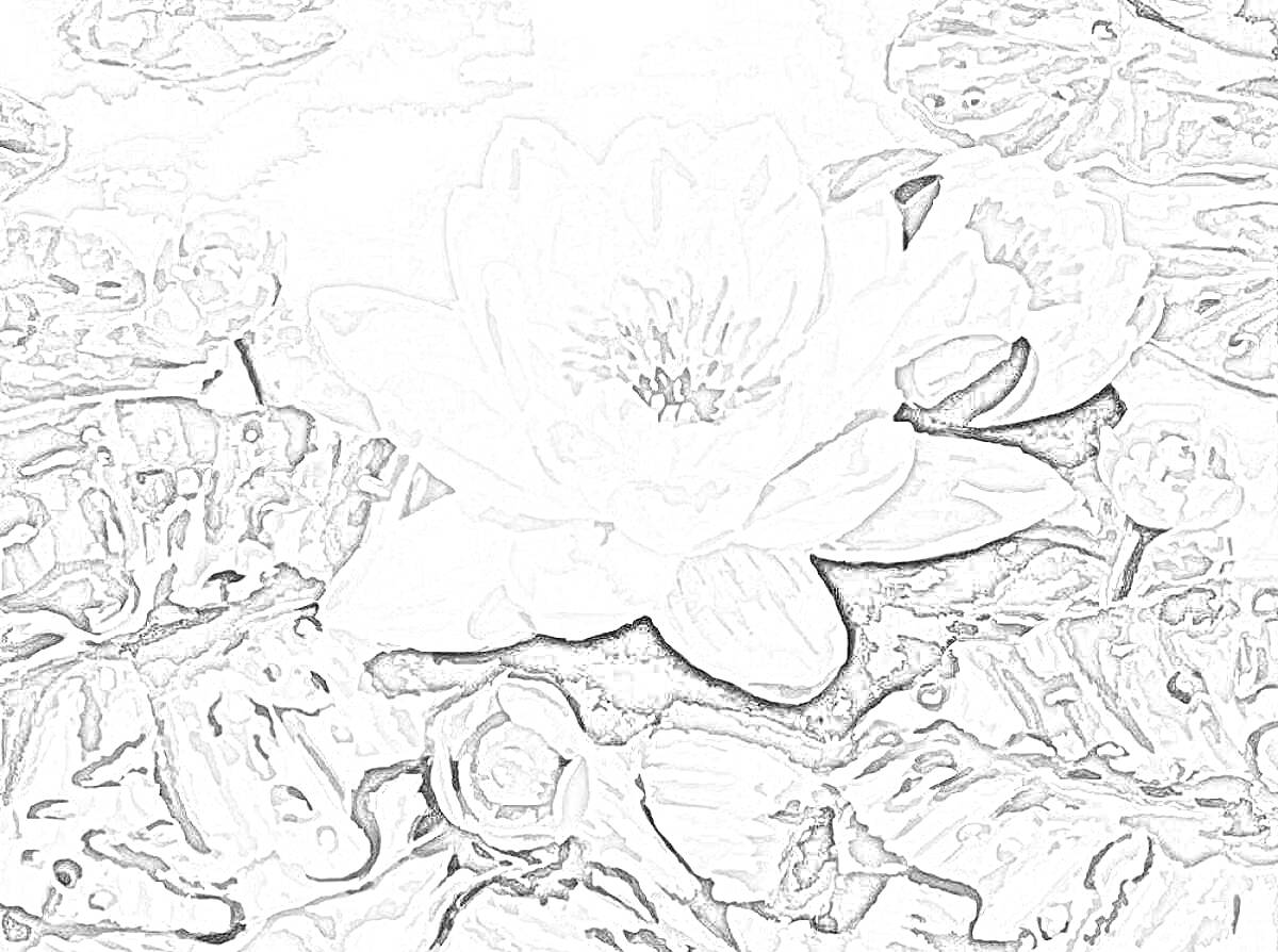 На раскраске изображено: Водяные лилии, Пруд, Листья, Цветы, Природа