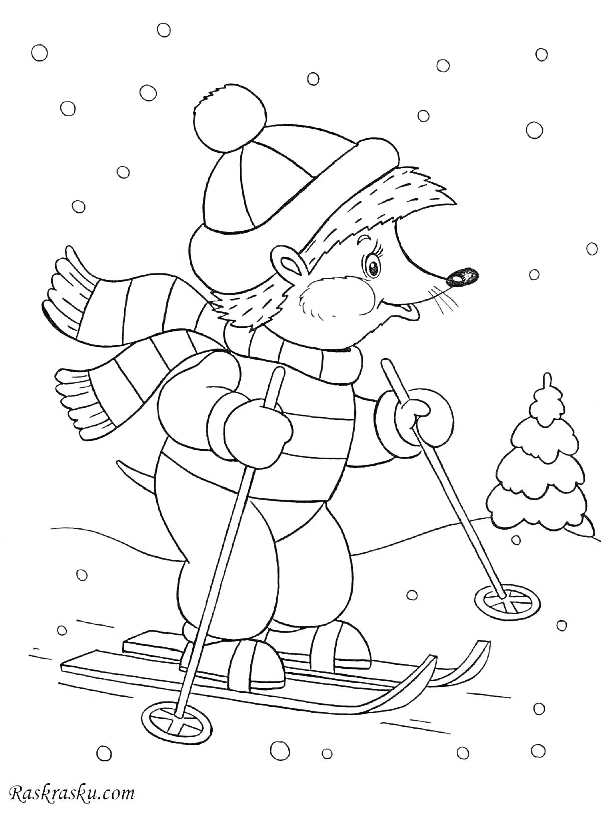 Раскраска Мышь на лыжах в зимнем лесу