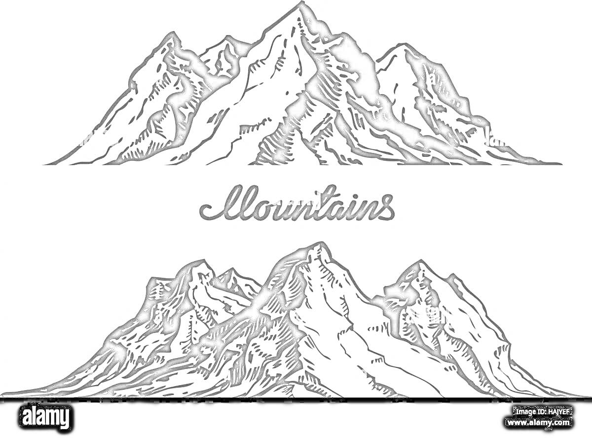 Раскраска Чёрно-белая раскраска Эльбрус. Два изображения гор в стиле рисунка, текст 
