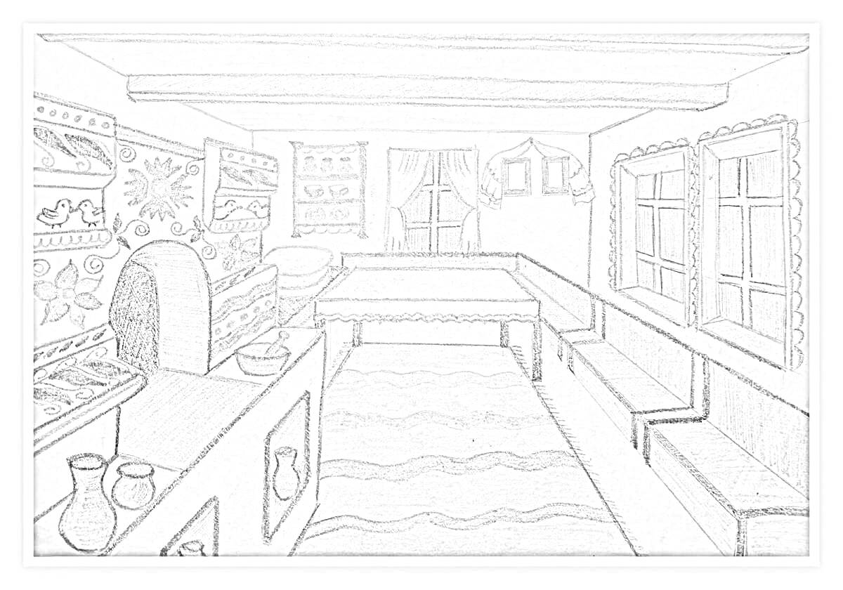 Раскраска Изба внутри с печью, лавками, полками, ковром, расписными стенами, окнами и занавесками