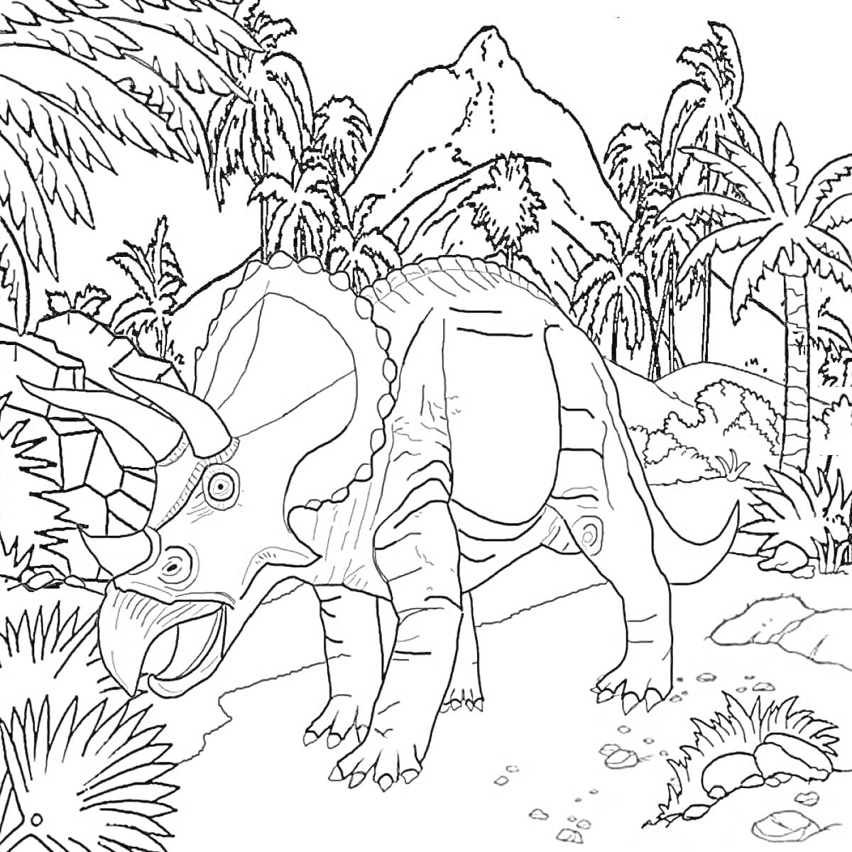 На раскраске изображено: Трицератопс, Динозавр, Джунгли, Вулкан, Доисторический, Растения, Камни, Юрский период, Природа