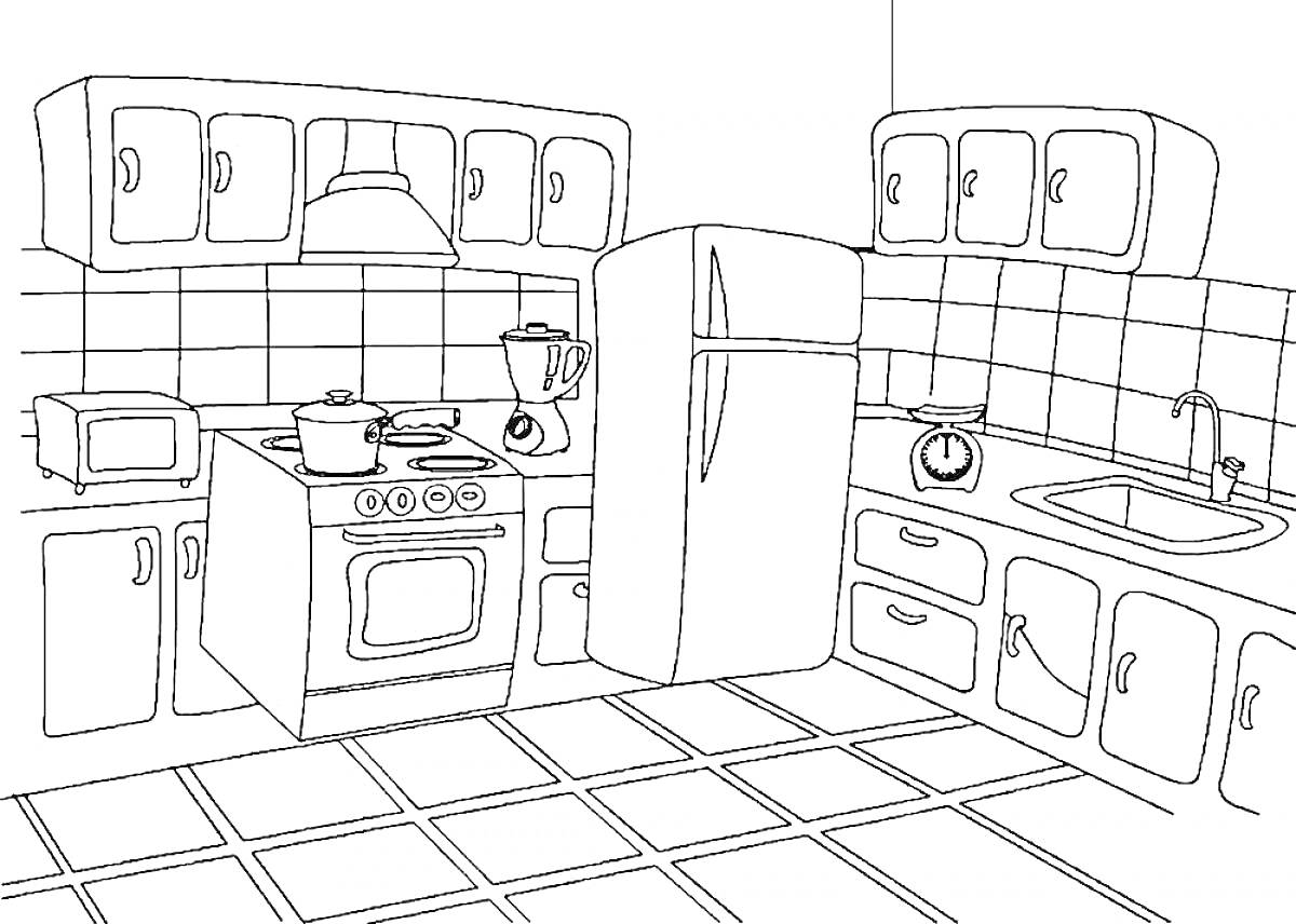 Раскраска Кухня с плитой, холодильником, шкафчиками, раковиной, микроволновкой, миксером и кастрюлей