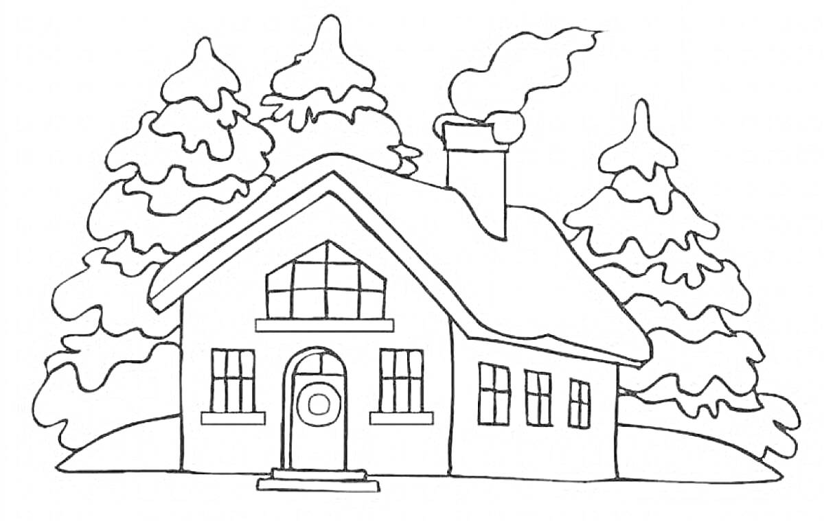 Раскраска Домик зимой с дымом из трубы и елями на заднем плане
