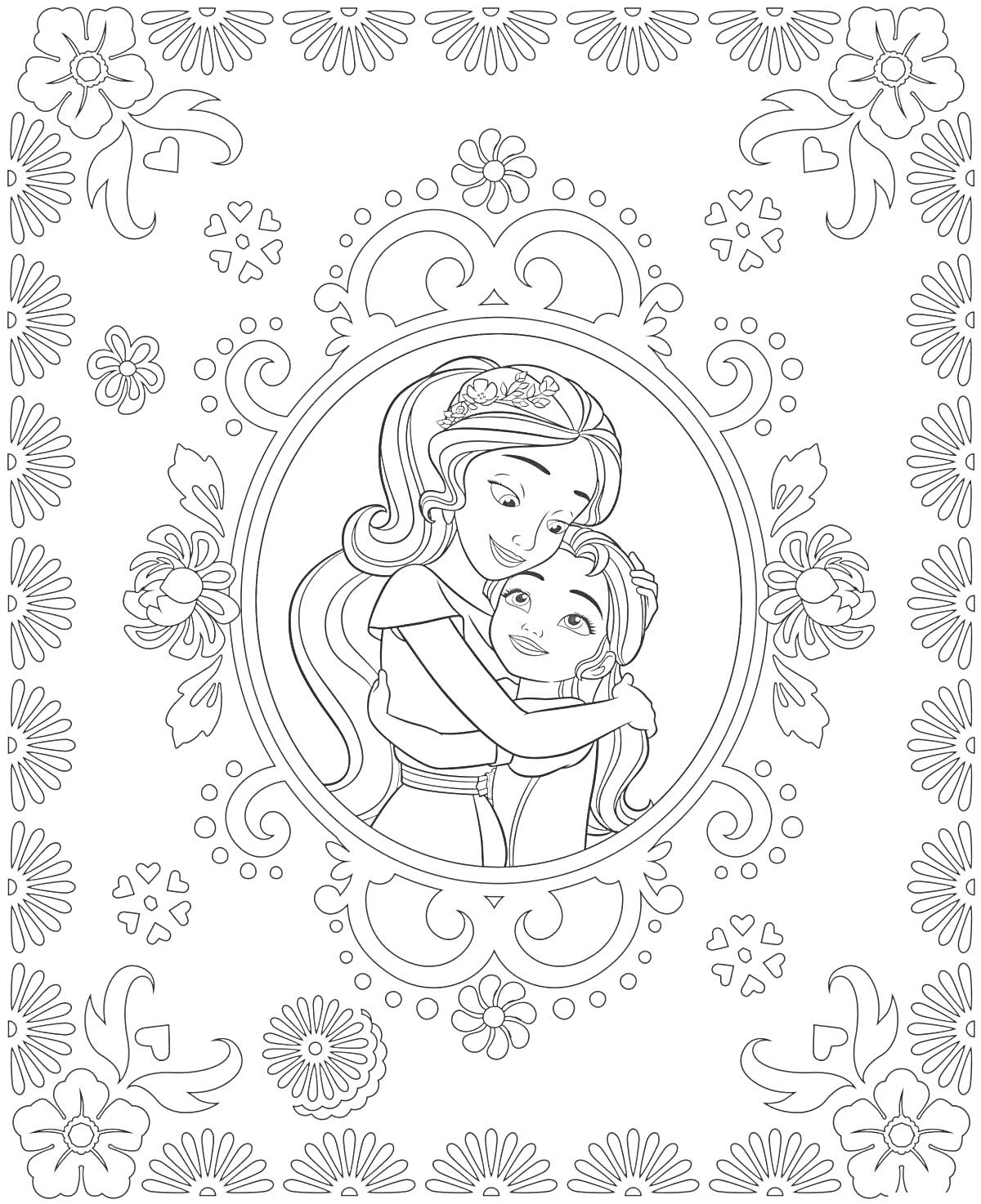 На раскраске изображено: Елена, Девочка, Объятия, Цветы, Узоры, Контурные рисунки