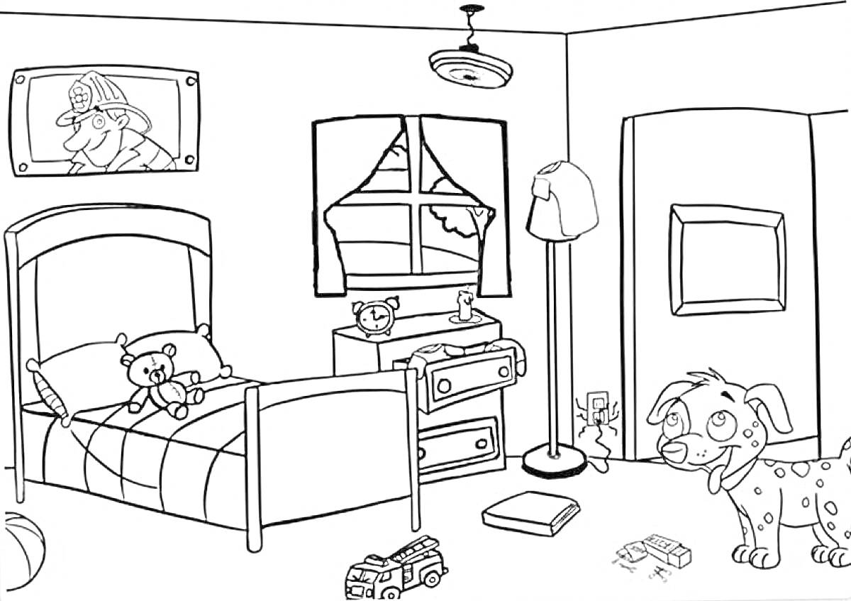 На раскраске изображено: Спальня, Мебель, Тумба, Лампа, Игрушки, Собака, Комната, Шкаф, Окна, Ковер, Кровати