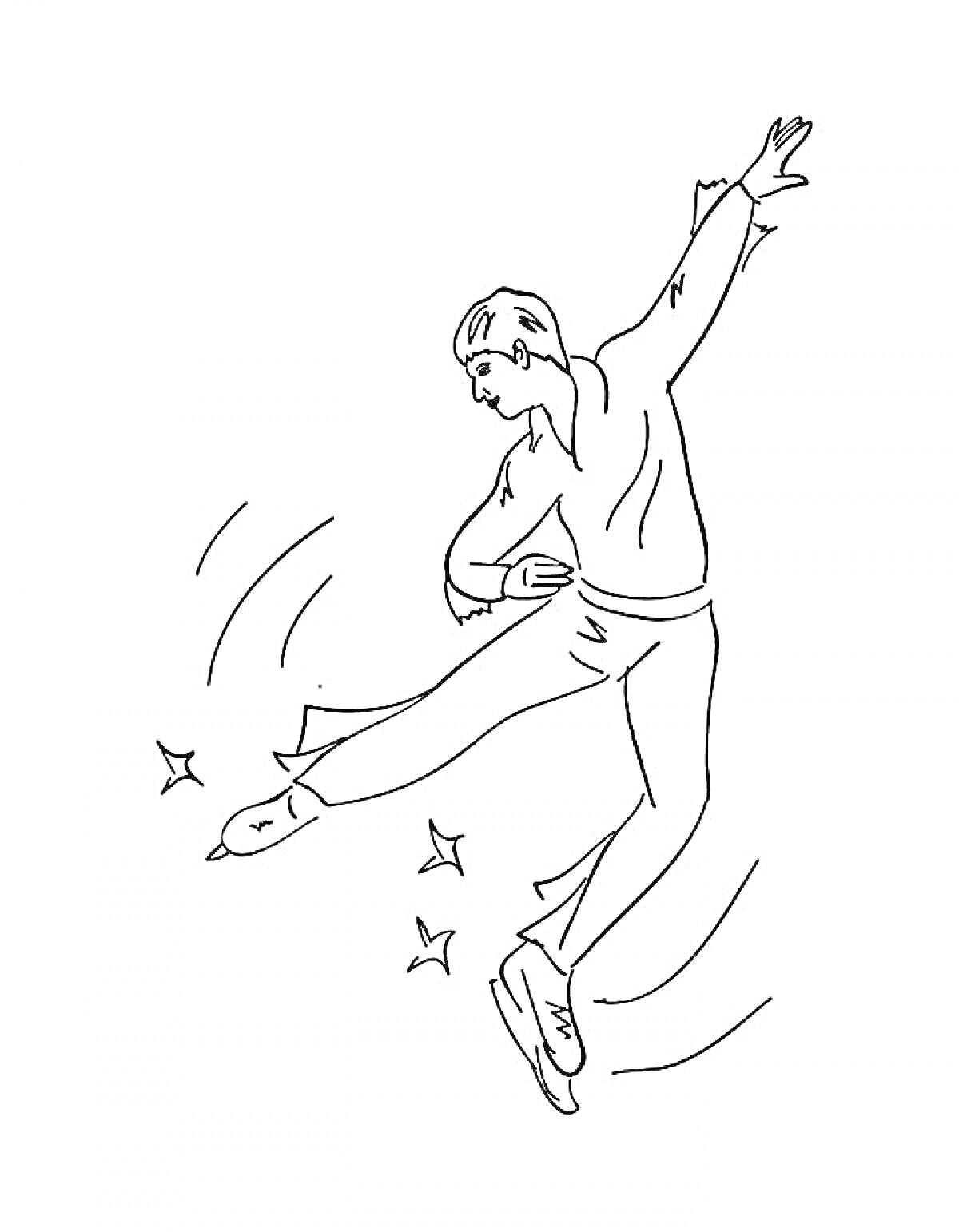 Раскраска Фигурист во время прыжка с поднятой рукой и вытянутой ногой, фигурное катание, звезды, линии движения