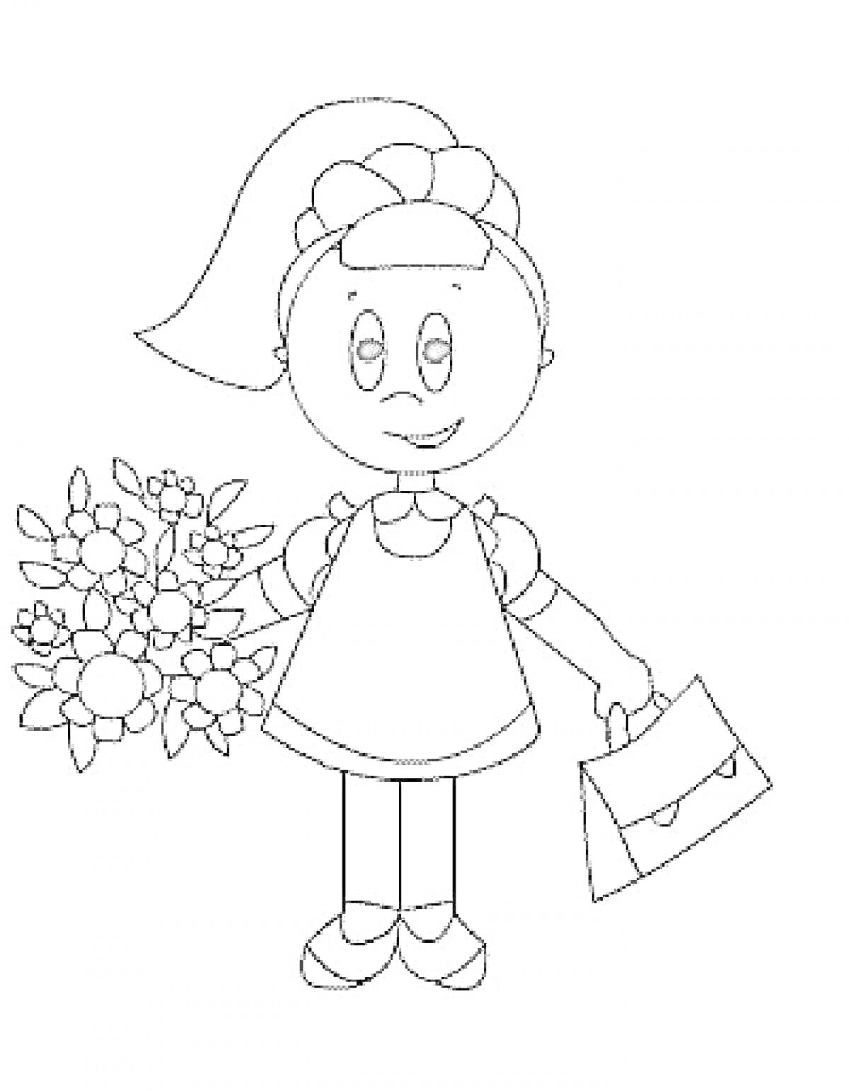 Раскраска Школьница с букетом цветов и портфелем