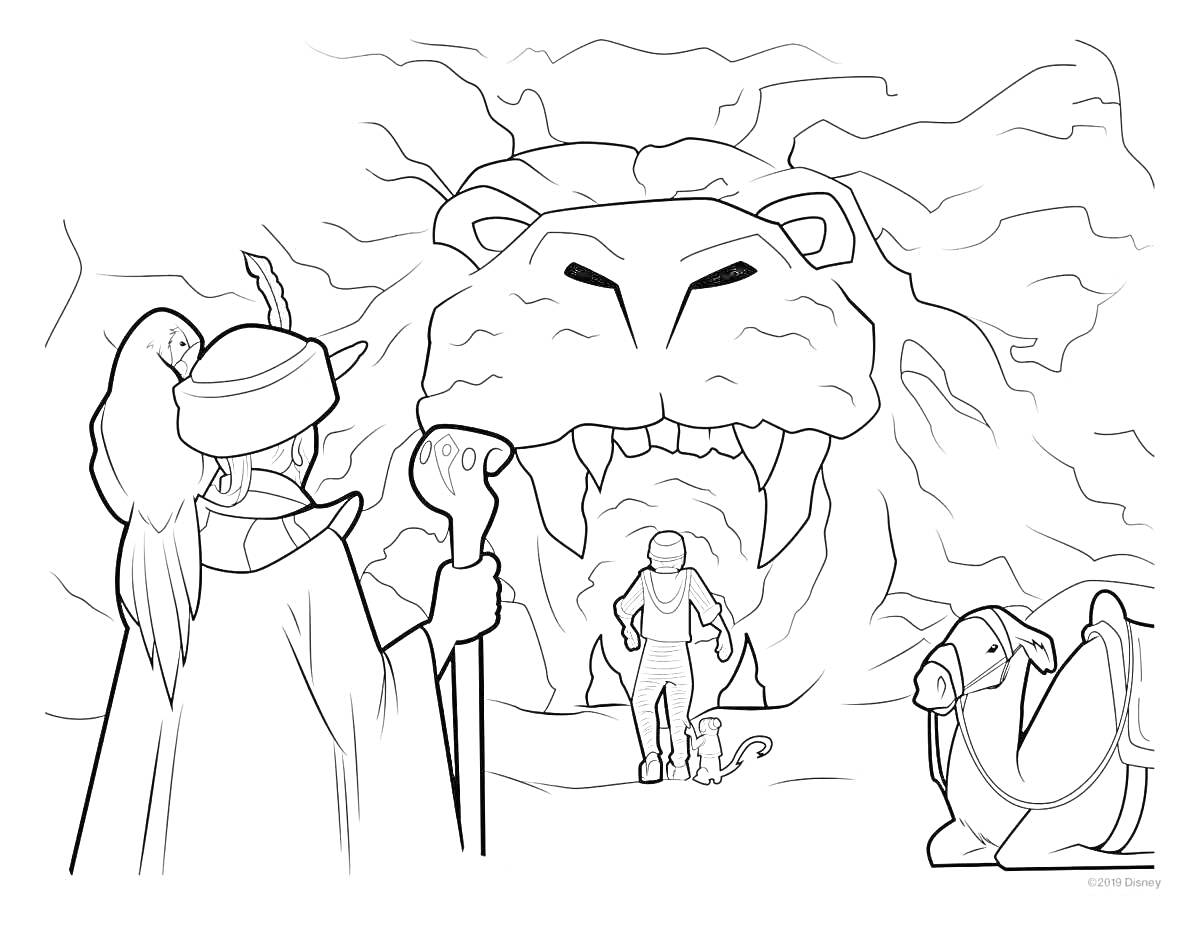 Раскраска Пещера в виде головы льва с тремя персонажами, посохом, верблюдом и обезьяной
