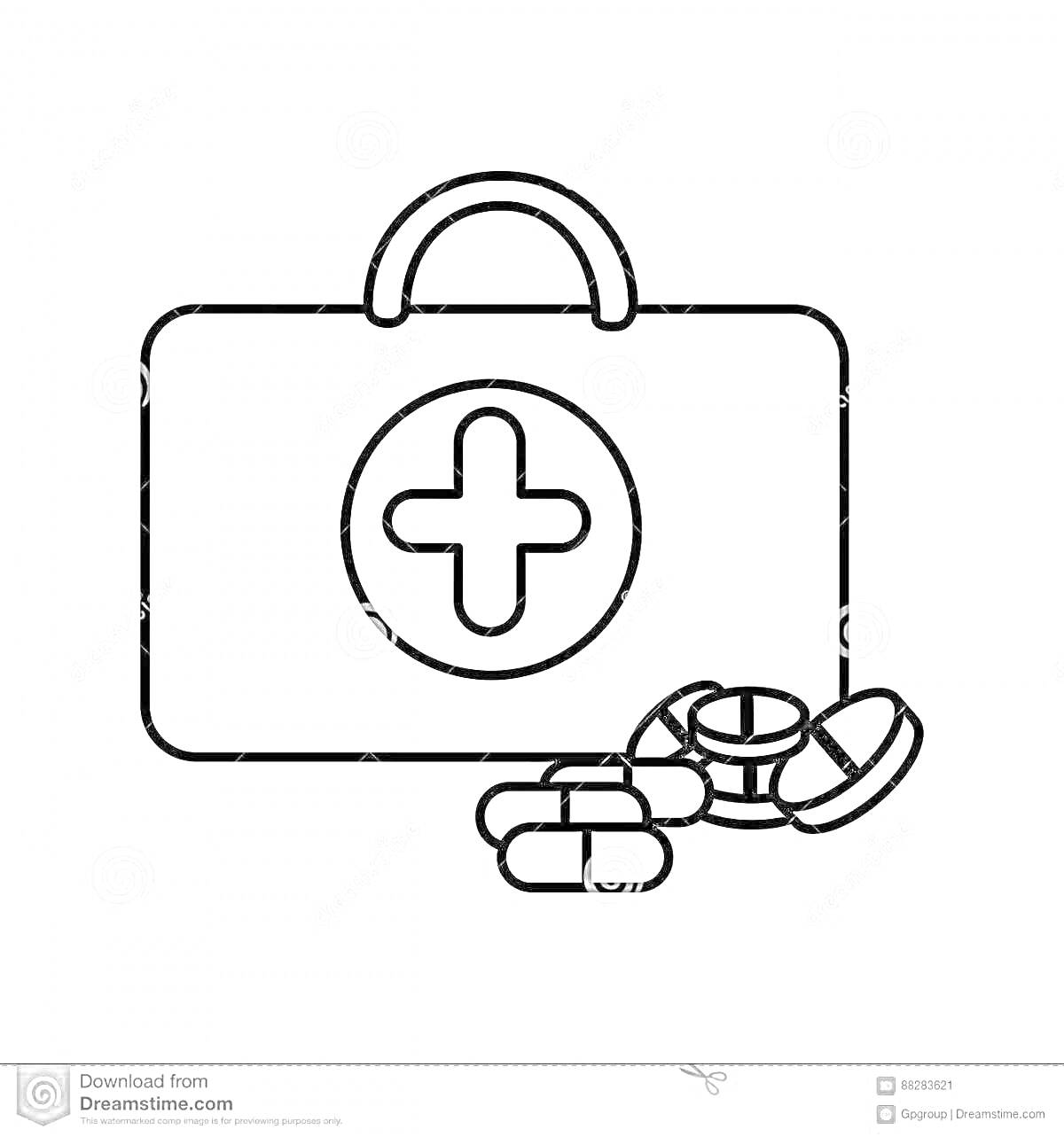 На раскраске изображено: Аптечка, Чемоданчик, Крест, Лекарства, Таблетки, Медицинская помощь, Здоровье