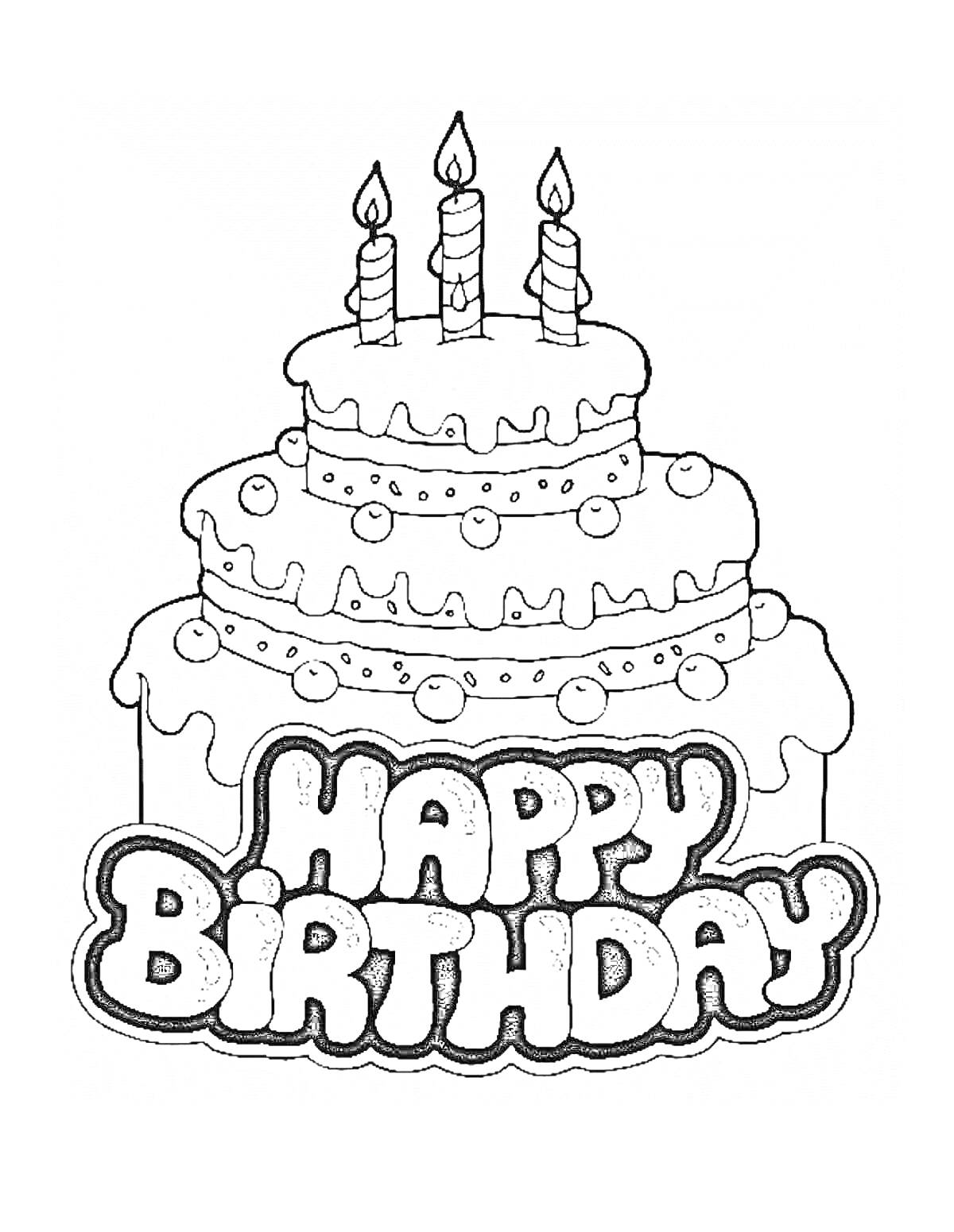 На раскраске изображено: Торт, HAPPY BIRTHDAY, Надпись, День рождения, Открытка, Праздничный торт